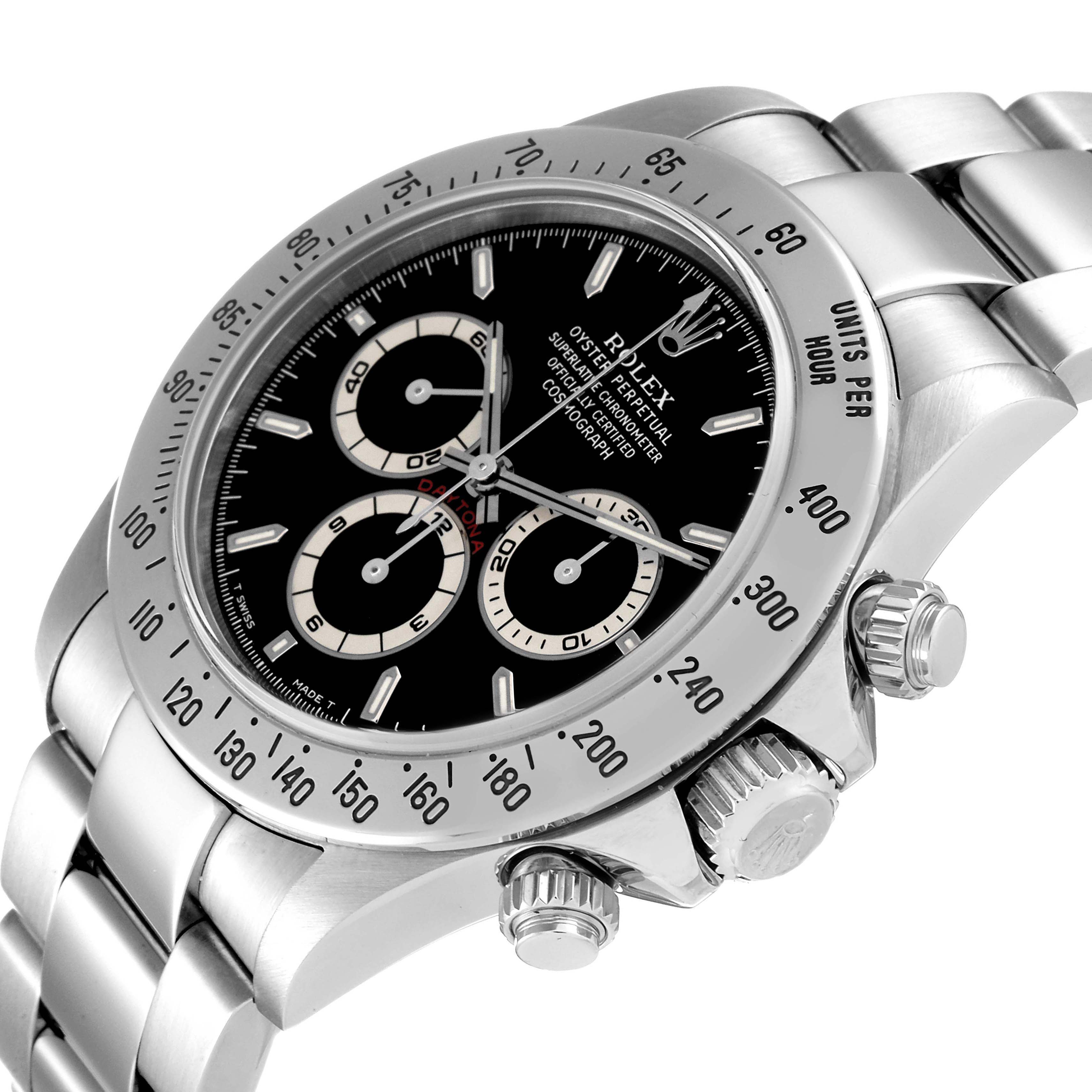 The image shows a close-up side angle of the Rolex Daytona 16520 Men's Stainless Steel Black Dial 16520 Men's Stainless Steel Black Dial watch, highlighting the bezel, dial, and stainless steel bracelet.