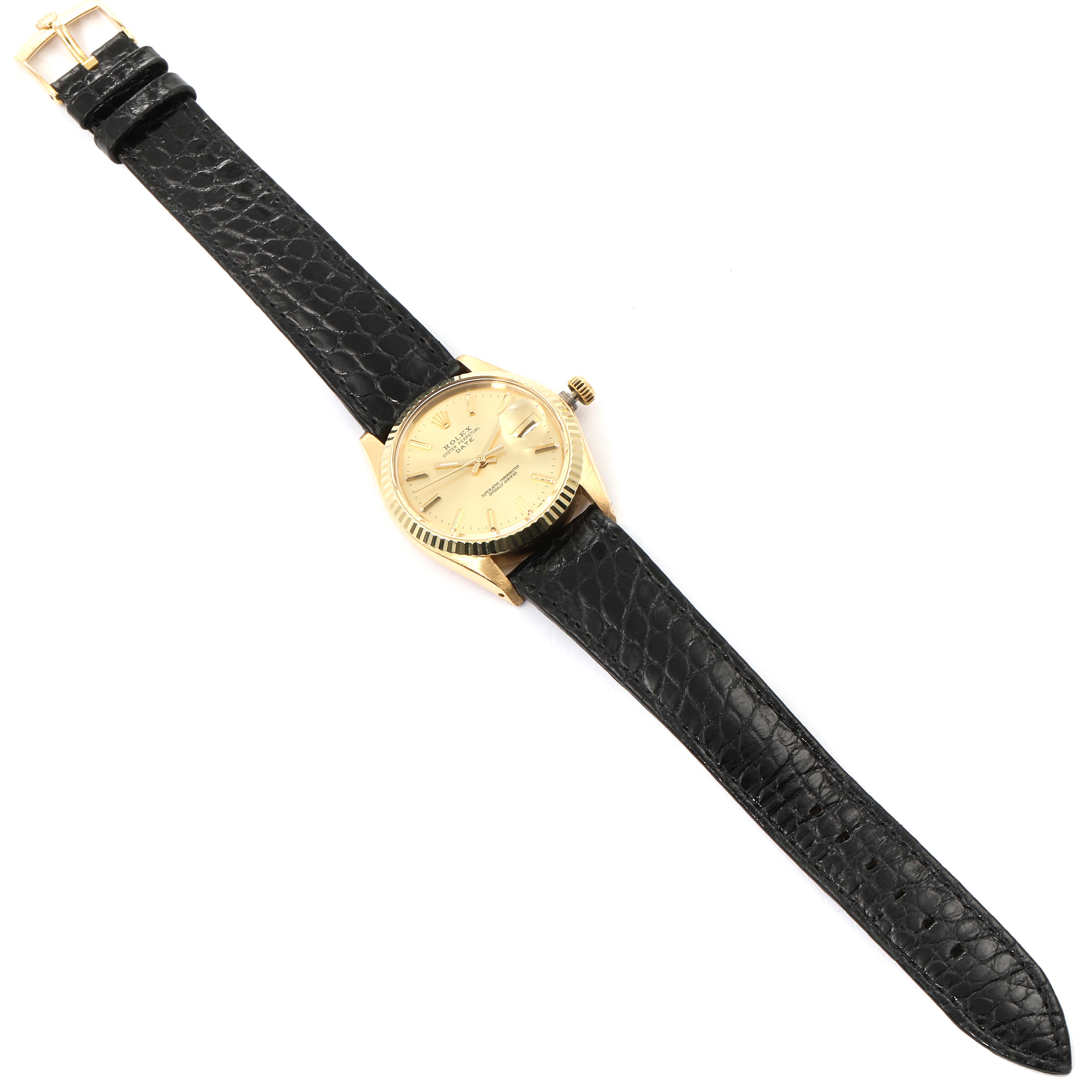 The watch is a Rolex Vintage Collection 1503 Men's Yellow Gold Champagne Dial 1503 Men's Yellow Gold Champagne Dial model, showing a top-down view of the black leather strap, gold case, and dial.
