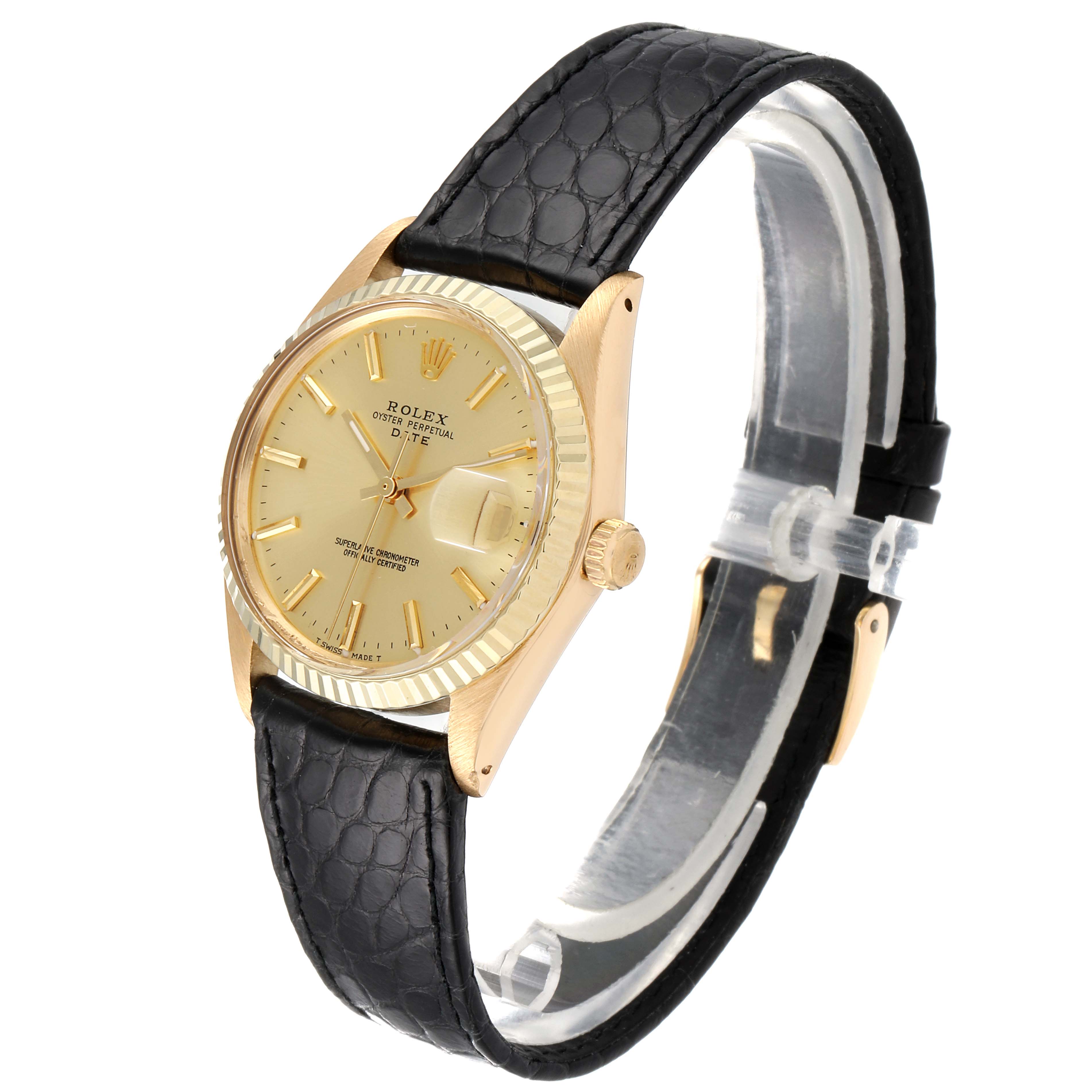 The image showcases a side angle of the Rolex Vintage Collection 1503 Men's Yellow Gold Champagne Dial 1503 Men's Yellow Gold Champagne Dial watch, highlighting its gold face, fluted bezel, and black leather strap.