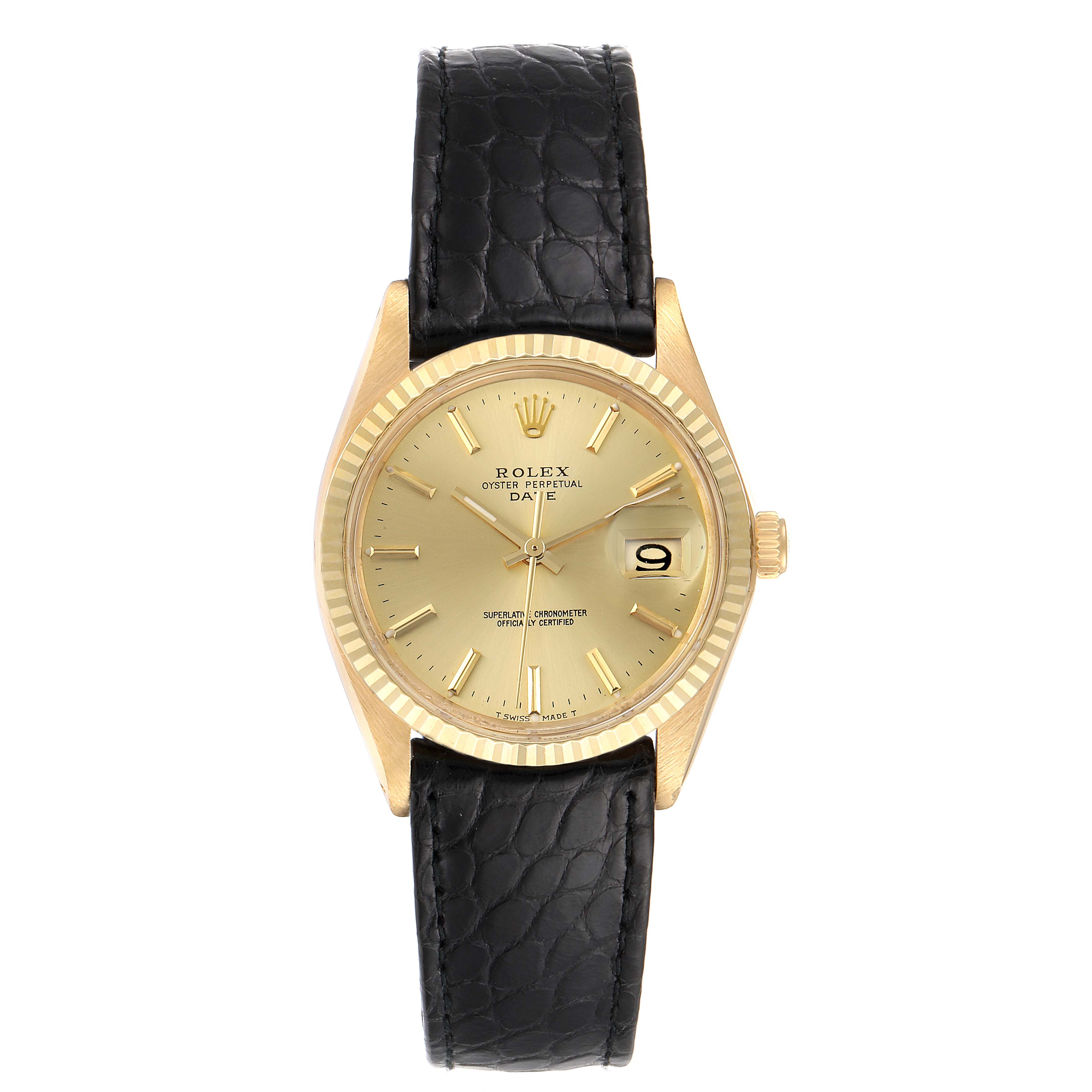 This image shows a frontal view of the Rolex Vintage Collection 1503 Men's Yellow Gold Champagne Dial 1503 Men's Yellow Gold Champagne Dial model watch, highlighting its gold dial, fluted bezel, and black leather strap.