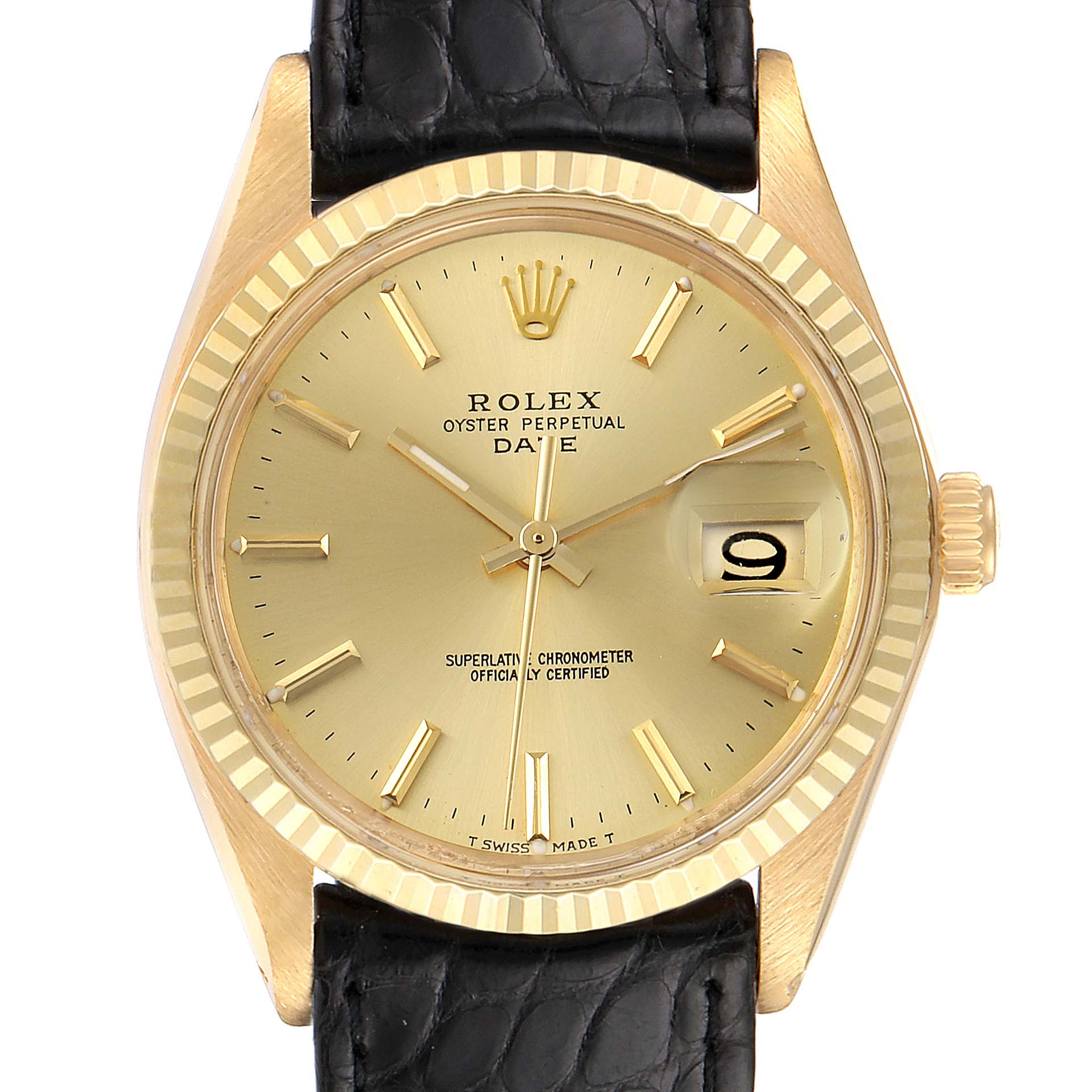 The image shows a front view of the Rolex Vintage Collection 1503 Men's Yellow Gold Champagne Dial 1503 Men's Yellow Gold Champagne Dial Oyster Perpetual Date watch with a gold dial and black leather strap.