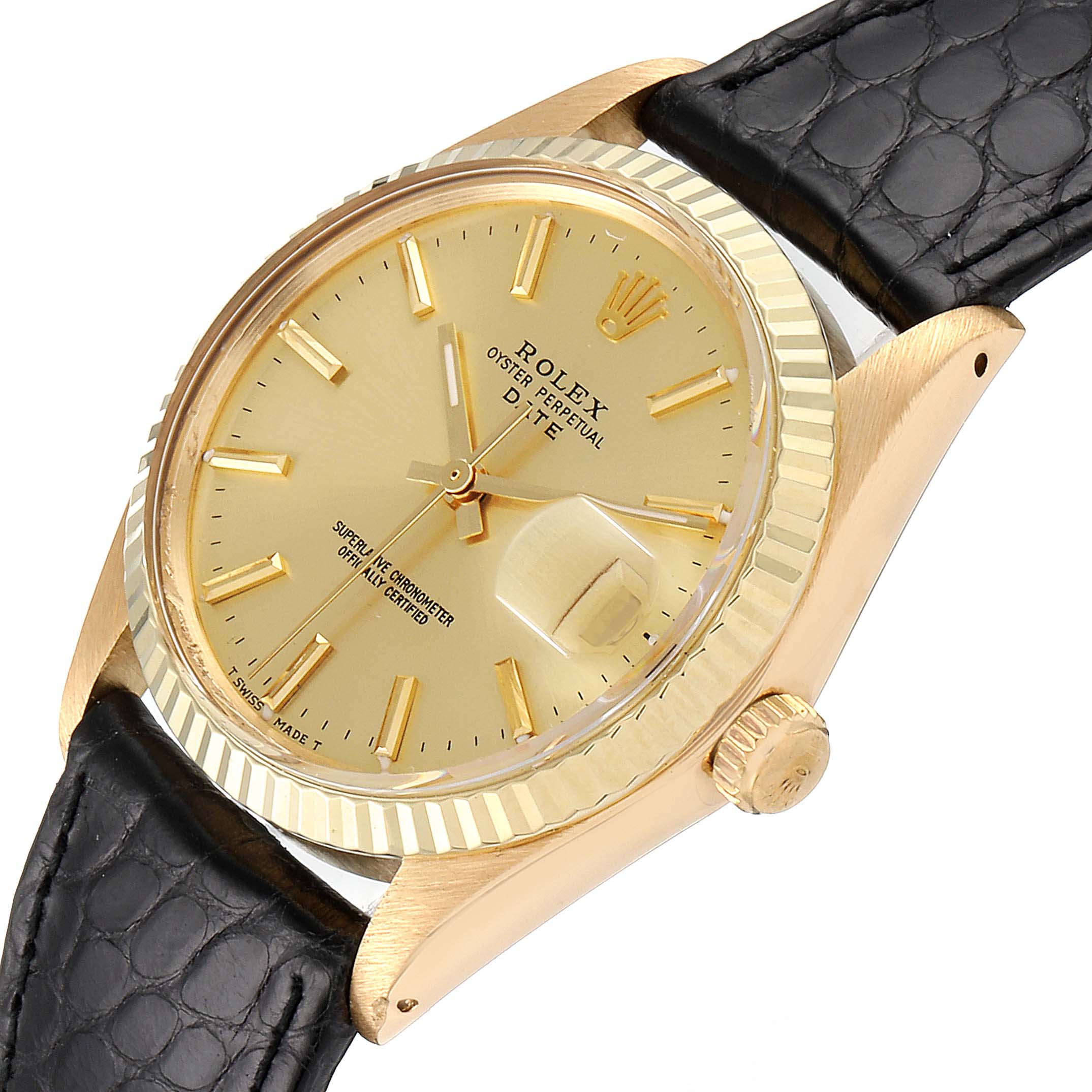 The image shows a side and partial front view of a Rolex Vintage Collection 1503 Men's Yellow Gold Champagne Dial 1503 Men's Yellow Gold Champagne Dial model with a gold dial and black leather strap.