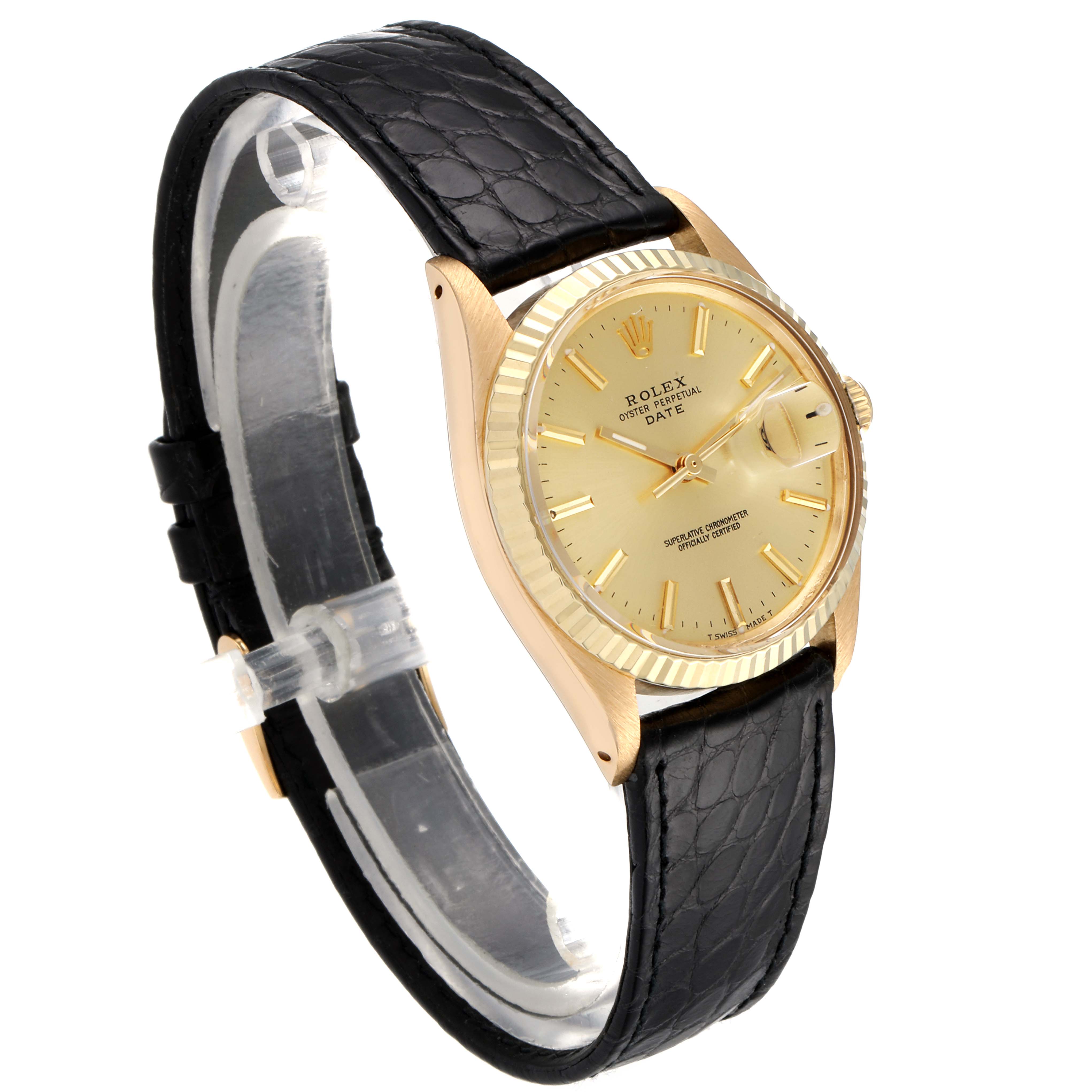 The watch shown is a Rolex Vintage Collection 1503 Men's Yellow Gold Champagne Dial 1503 Men's Yellow Gold Champagne Dial model at a three-quarter angle displaying its gold case, dial, and black leather strap.