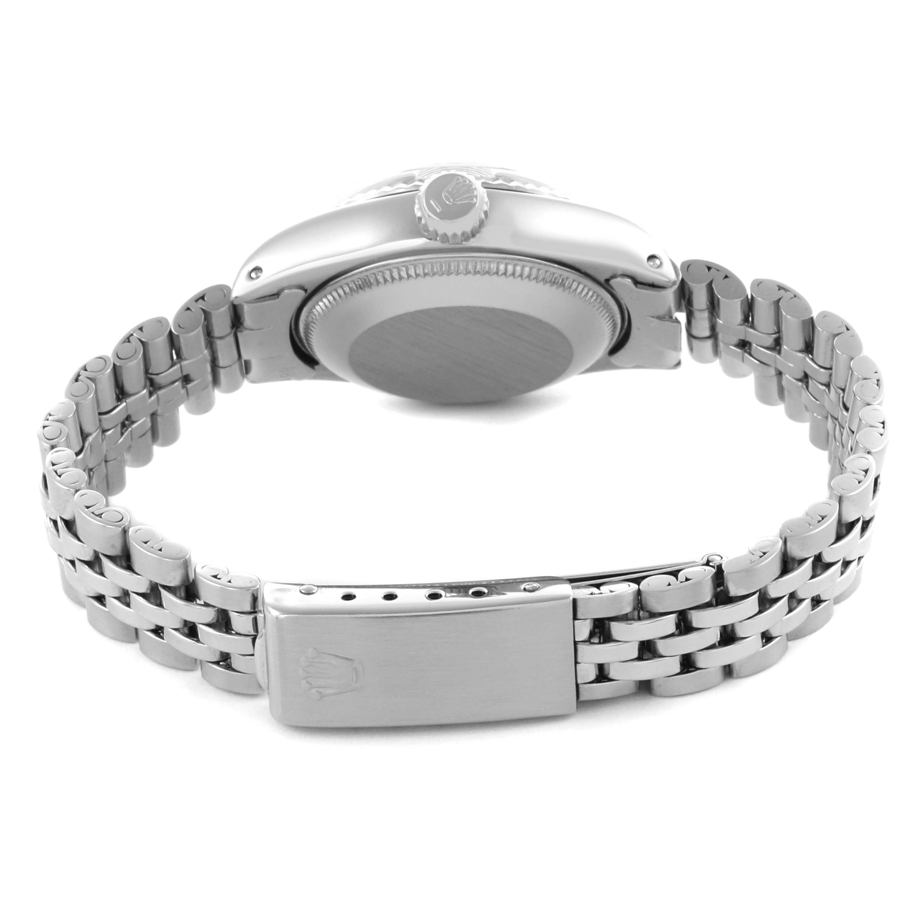 The image shows the back of the Rolex Date 6917 Women's Stainless Steel Blue Dial 6917 Women's Stainless Steel Blue Dial watch, highlighting the case back, crown, and bracelet with clasp.