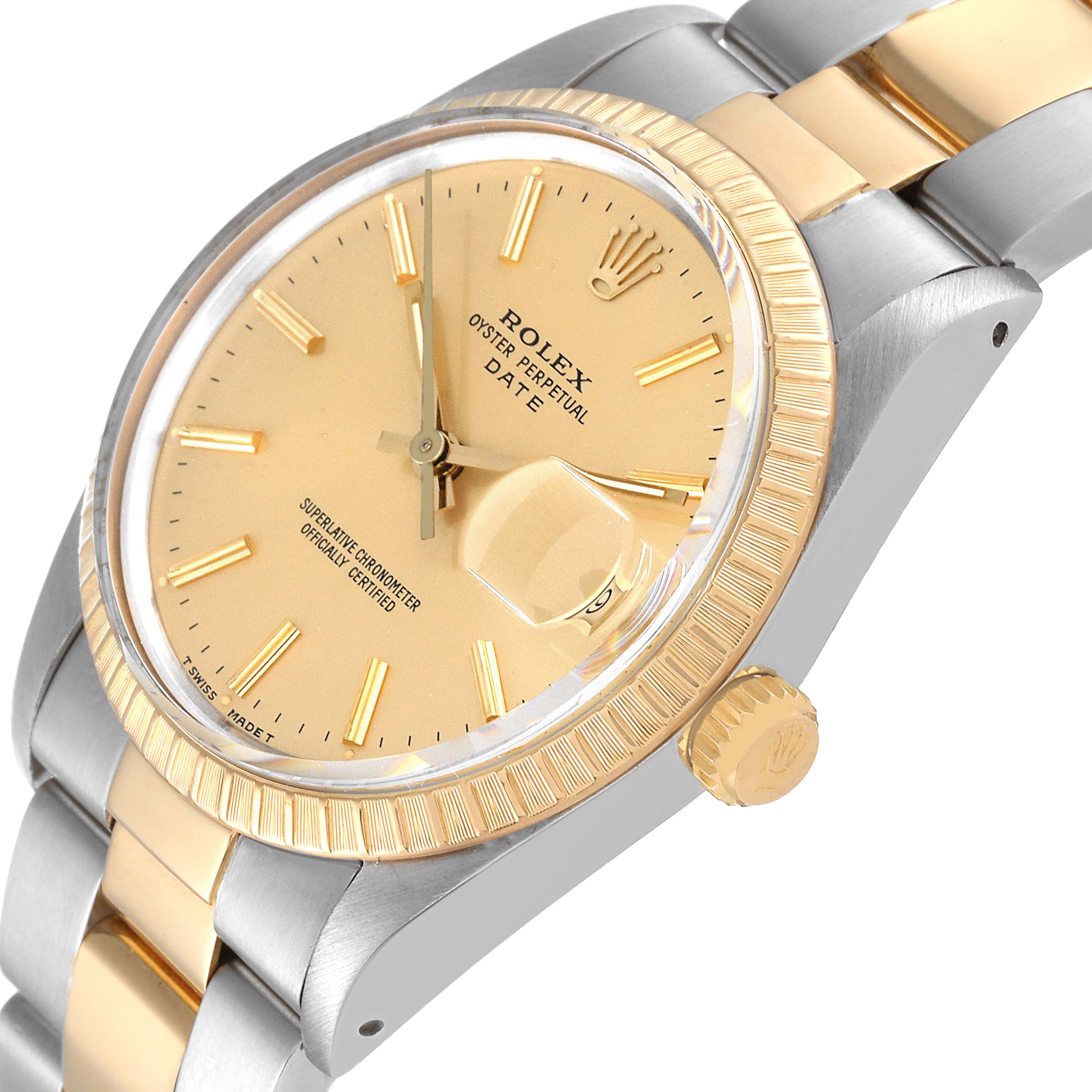 The image shows the face, crown, and part of the bracelet of the Rolex Date 15053 Men
s Steel and Gold (two tone) Champagne Dial 15053 Men
s Steel and Gold (two tone) Champagne Dial model watch from an angled side view.