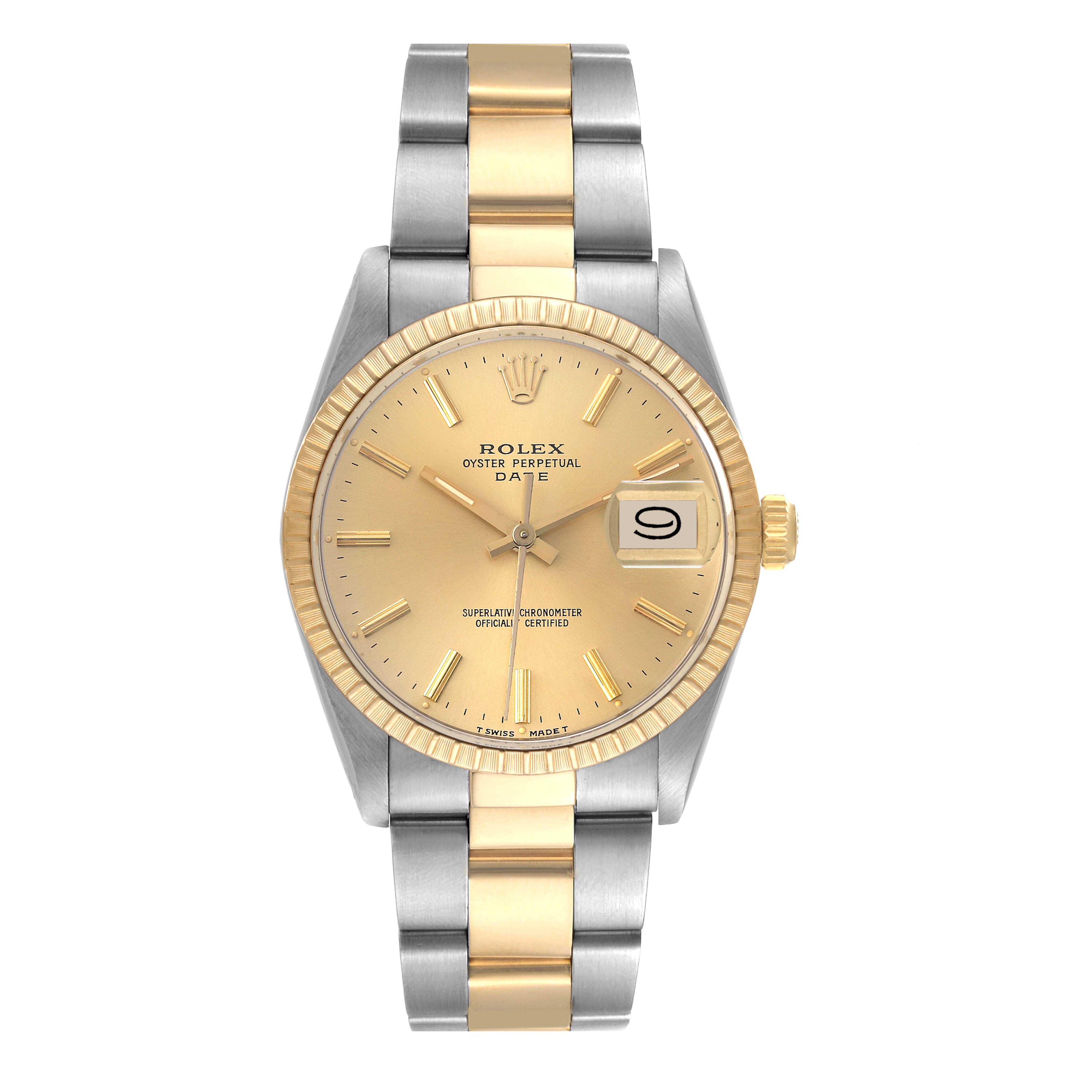 The watch is a Rolex Date 15053 Men
s Steel and Gold (two tone) Champagne Dial 15053 Men
s Steel and Gold (two tone) Champagne Dial model shown from a top-down angle, featuring its two-tone bracelet, golden dial, and date display at 3 o
clock.