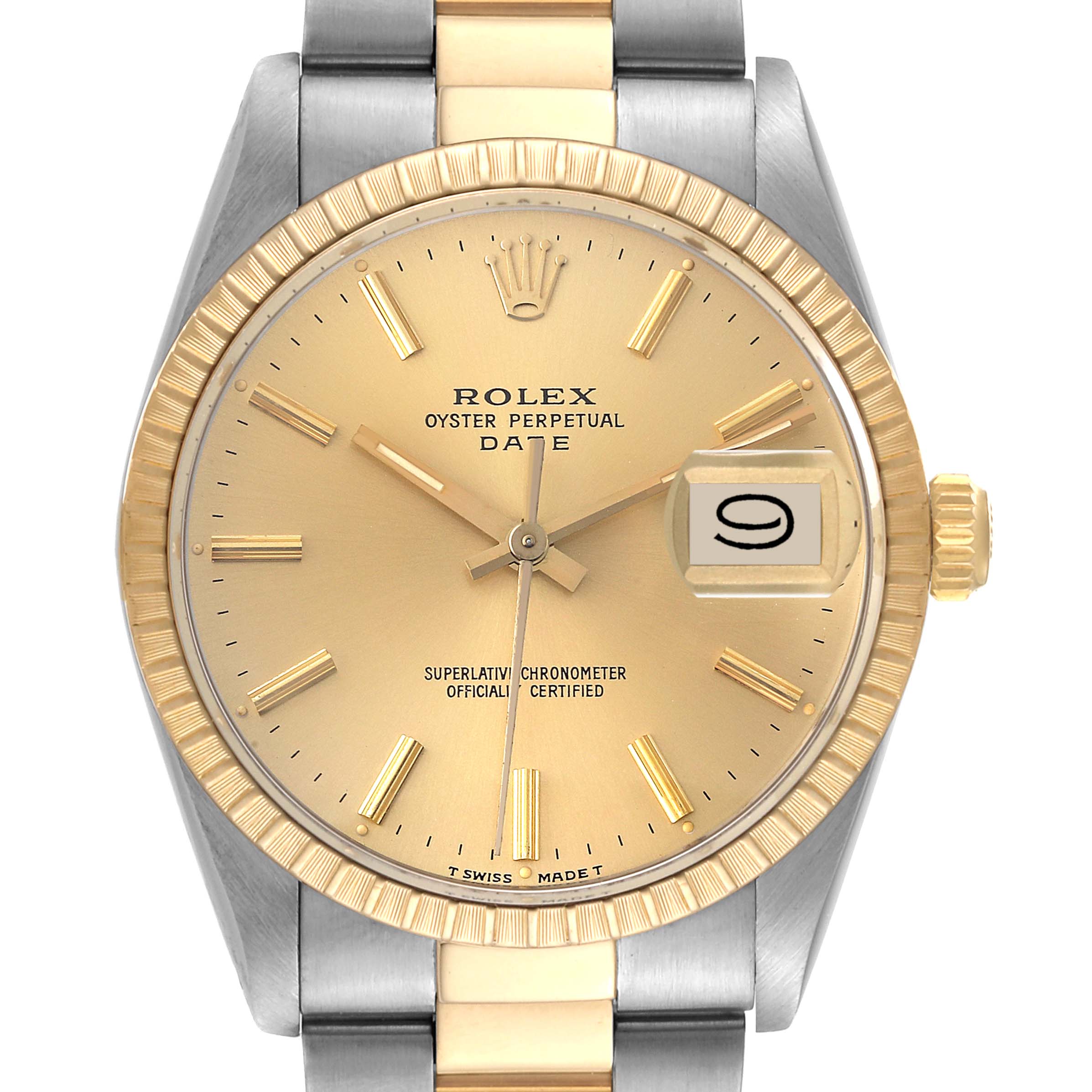 The image shows a Rolex Date 15053 Men
s Steel and Gold (two tone) Champagne Dial 15053 Men
s Steel and Gold (two tone) Champagne Dial model watch from a front angle, highlighting the dial, bezel, and partial bracelet.