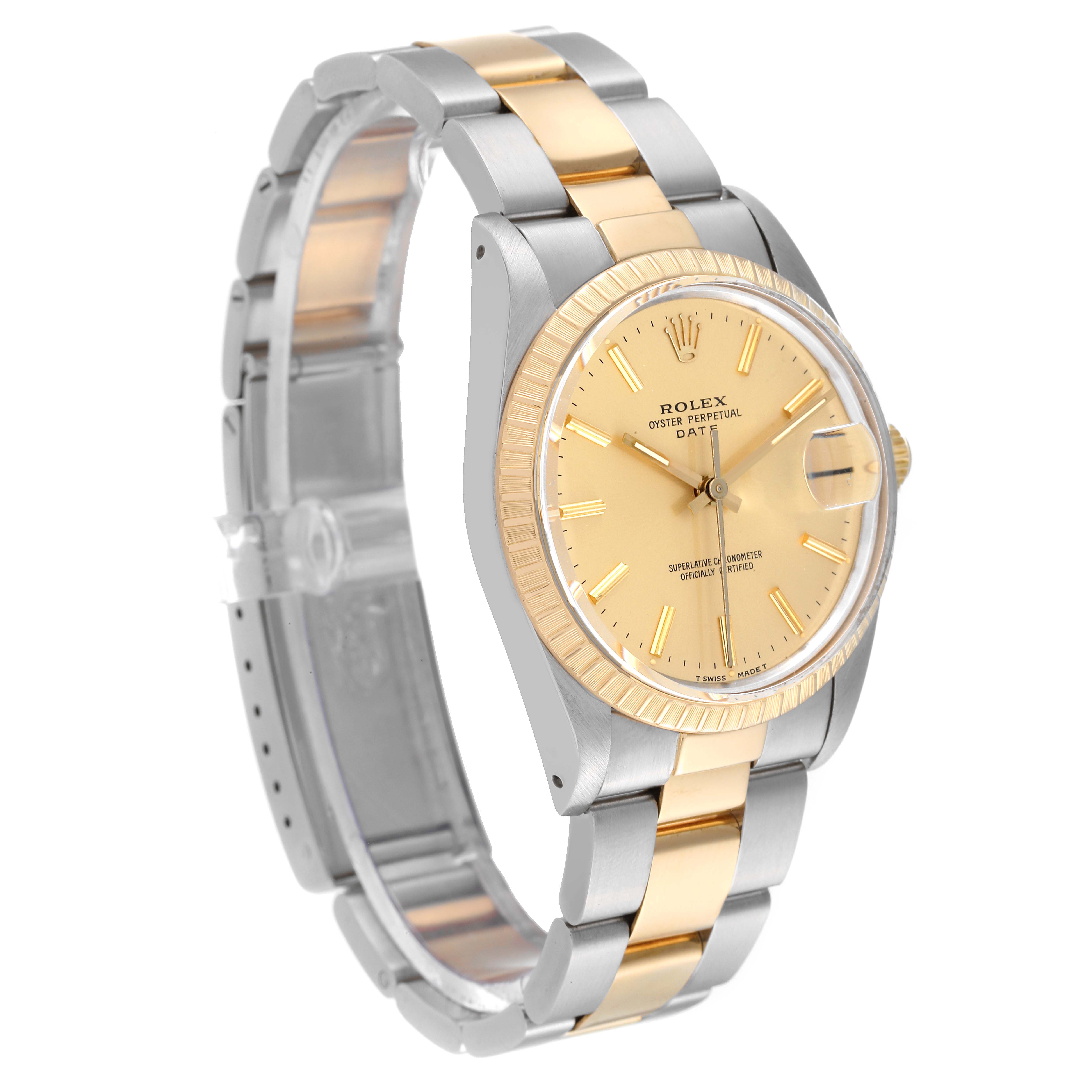 The Rolex Date 15053 Men
s Steel and Gold (two tone) Champagne Dial 15053 Men
s Steel and Gold (two tone) Champagne Dial model watch is shown at an angle displaying its gold dial, fluted bezel, and two-tone bracelet.