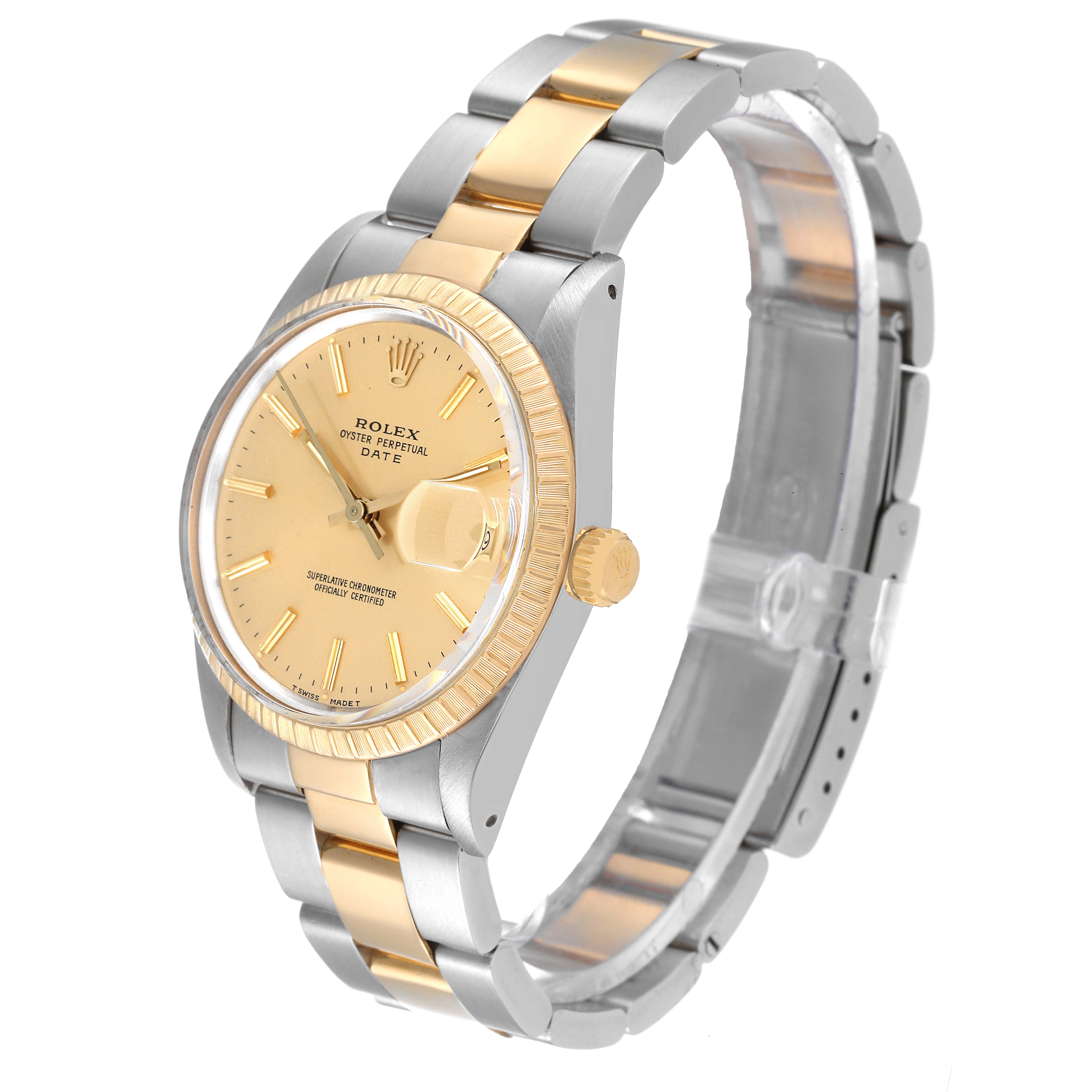 The image shows a side angle view of a Rolex Oyster Perpetual Date, highlighting its gold dial, bezel, and two-tone bracelet.