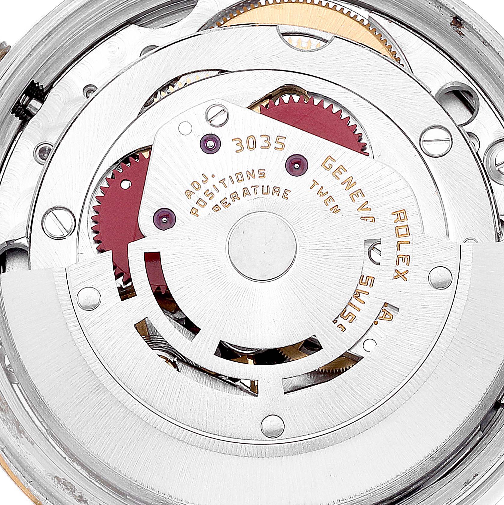 This image shows a close-up of the internal movement mechanism of a Rolex Date 15053 Men
s Steel and Gold (two tone) Champagne Dial 15053 Men
s Steel and Gold (two tone) Champagne Dial model watch.