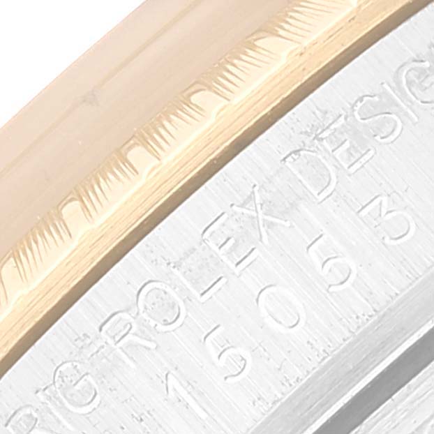 This image shows a close-up of the bezel and part of the caseback engraving of a Rolex Date 15053 Men
s Steel and Gold (two tone) Champagne Dial 15053 Men
s Steel and Gold (two tone) Champagne Dial model watch.