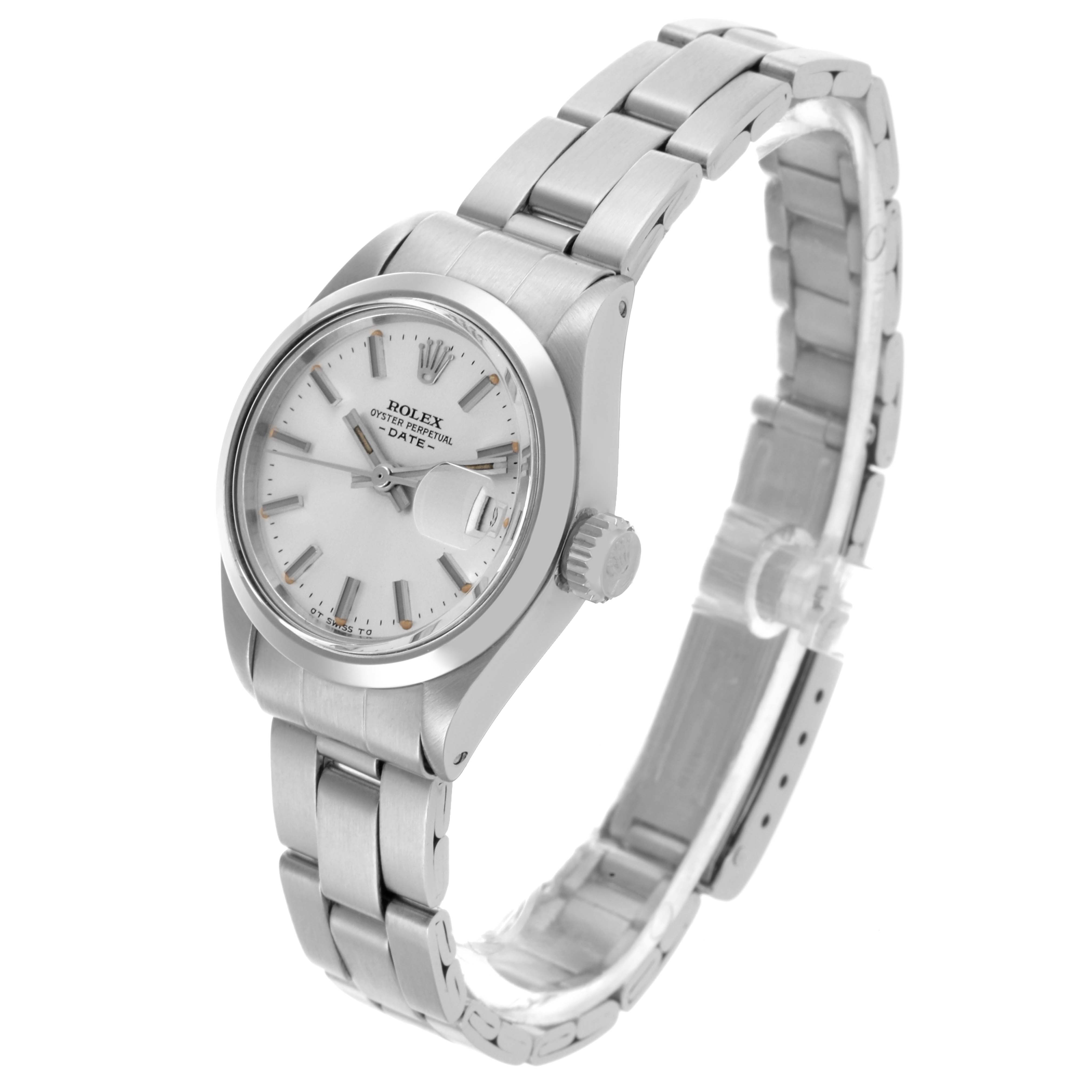 The Rolex Date 6916 Women's Stainless Steel Silver Dial 6916 Women's Stainless Steel Silver Dial watch is shown at a slight angle highlighting the dial, bezel, crown, and bracelet.