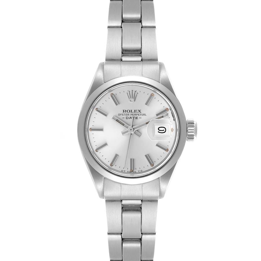 The Rolex Date model is shown from the front, displaying the dial, hands, date window, bezel, and part of the bracelet.