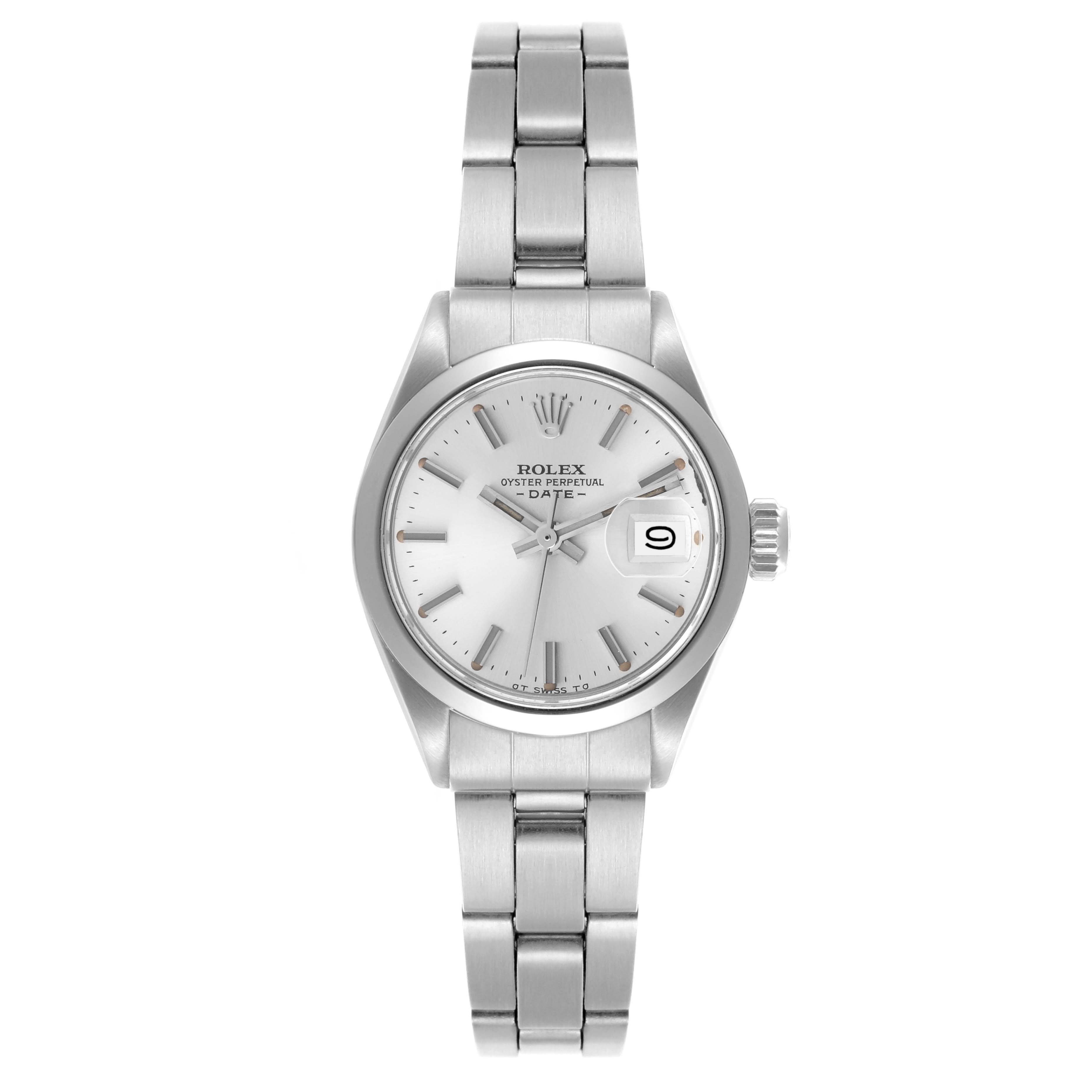The image shows a front view of a Rolex Date 6916 Women's Stainless Steel Silver Dial 6916 Women's Stainless Steel Silver Dial model watch, highlighting its dial, bezel, bracelet, and date window.