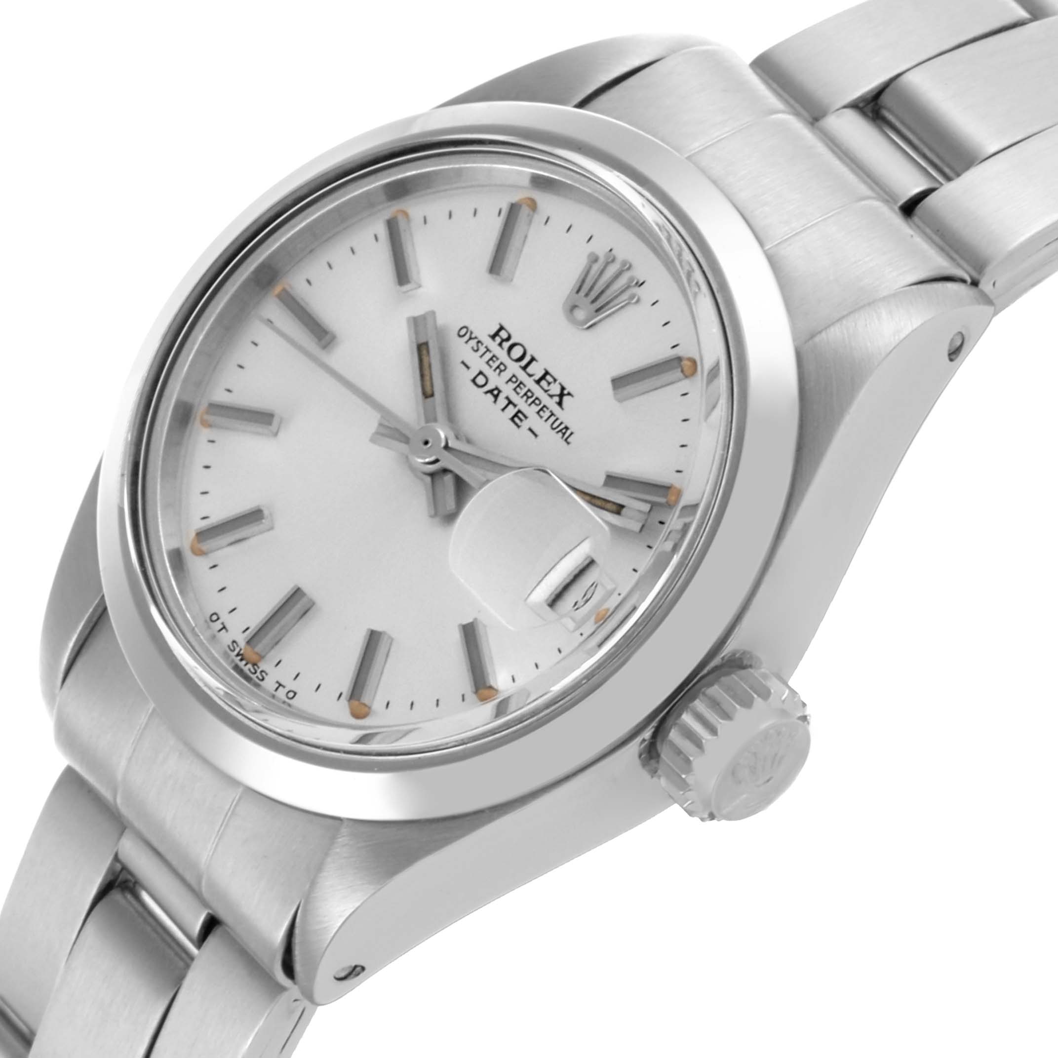 The Rolex Date 6916 Women's Stainless Steel Silver Dial 6916 Women's Stainless Steel Silver Dial model watch is shown from a side angle, highlighting the bezel, crown, bracelet, and face.