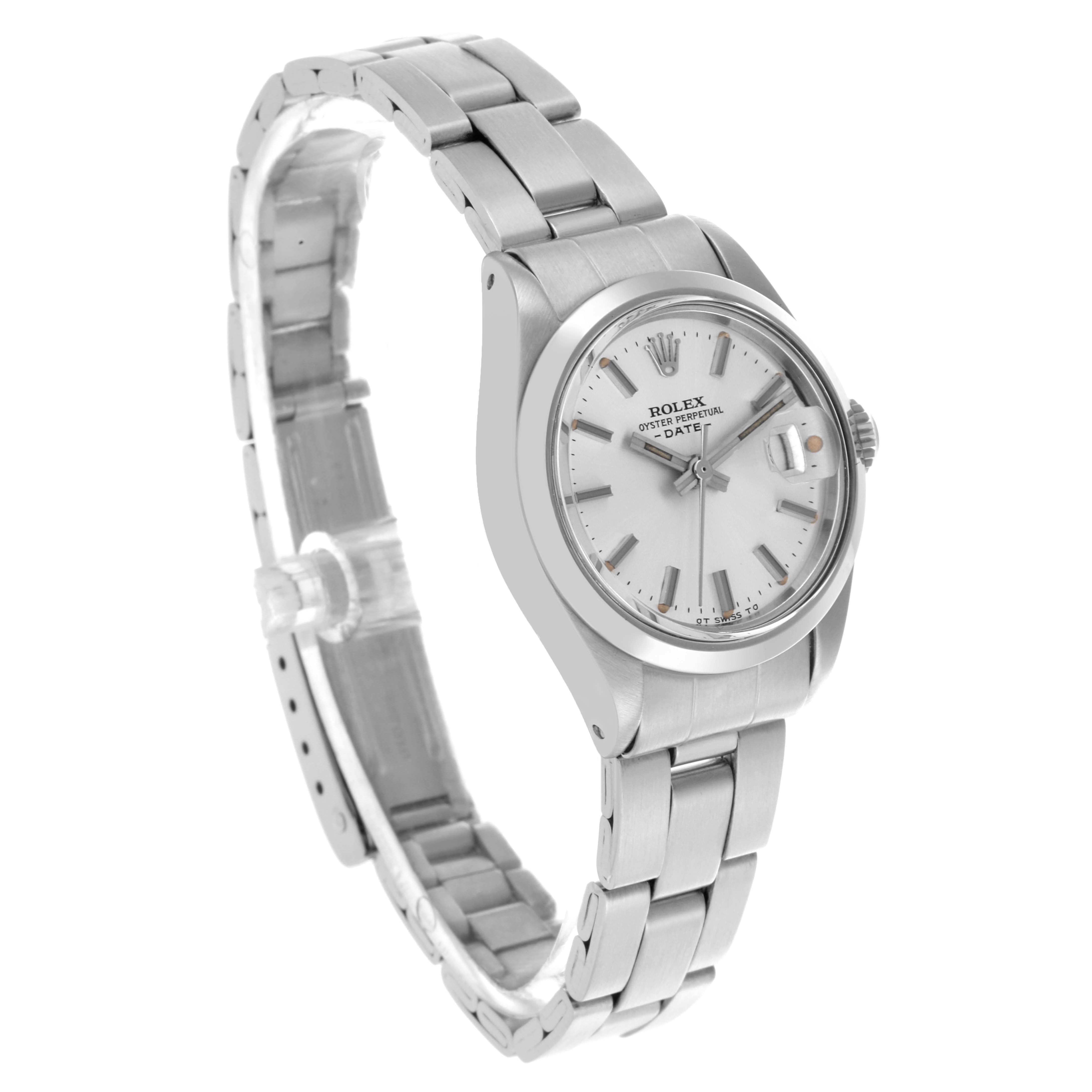 The Rolex Date 6916 Women's Stainless Steel Silver Dial 6916 Women's Stainless Steel Silver Dial model watch is shown at a three-quarter angle, displaying the bracelet, case, and dial with the date feature.