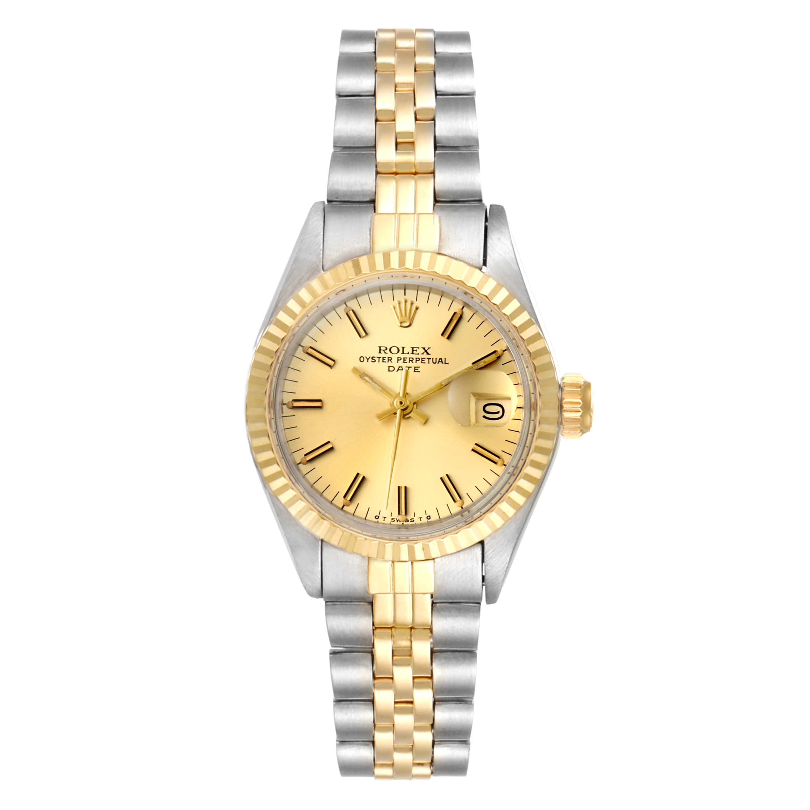 The image shows a Rolex Date 6917 Women's Steel and Gold (two tone) Champagne Dial 6917 Women's Steel and Gold (two tone) Champagne Dial model watch from a front angle, displaying the dial, bezel, case, and the two-tone bracelet.