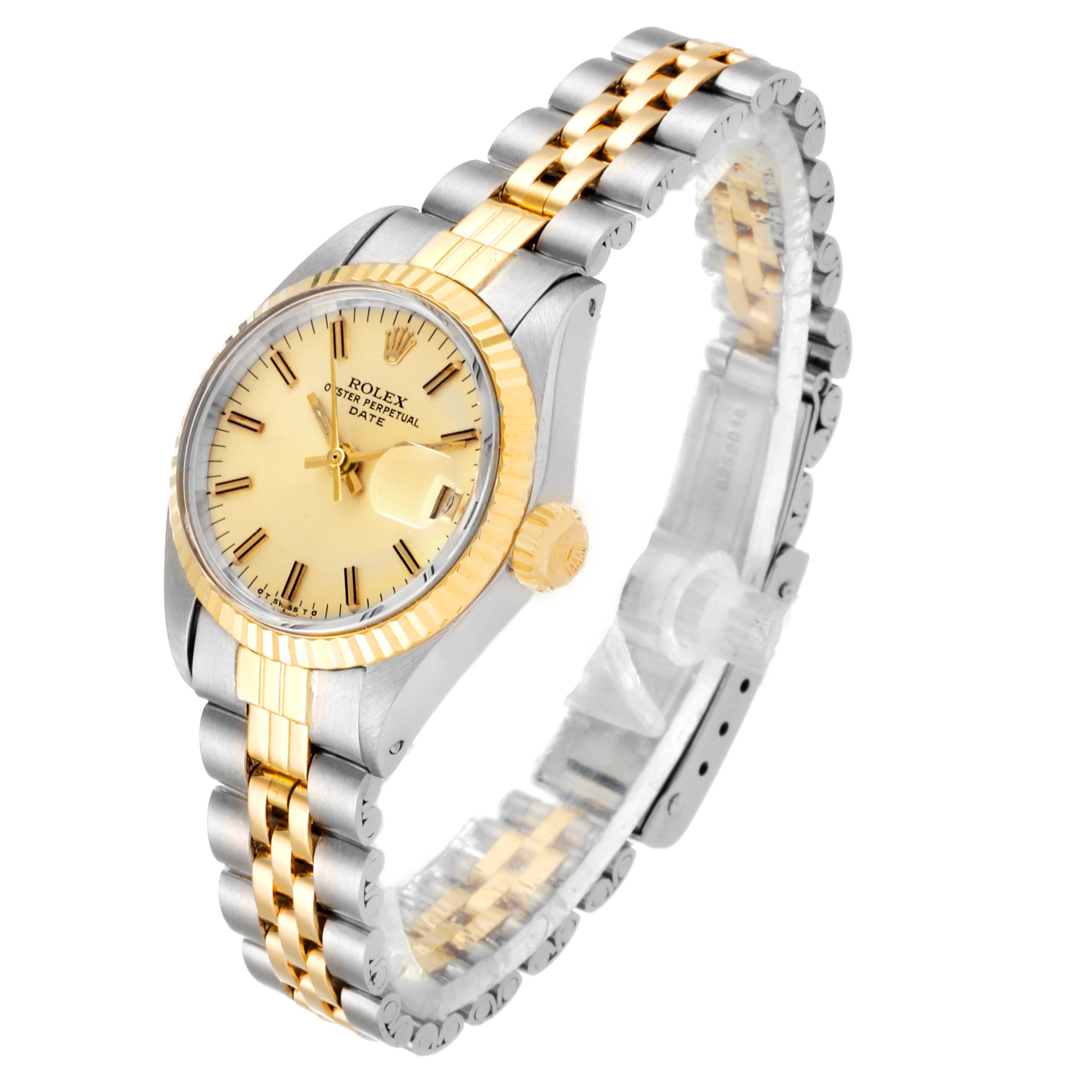 The image shows a Rolex Date 6917 Women's Steel and Gold (two tone) Champagne Dial 6917 Women's Steel and Gold (two tone) Champagne Dial model watch, angled to display the face, bezel, crown, and bracelet.