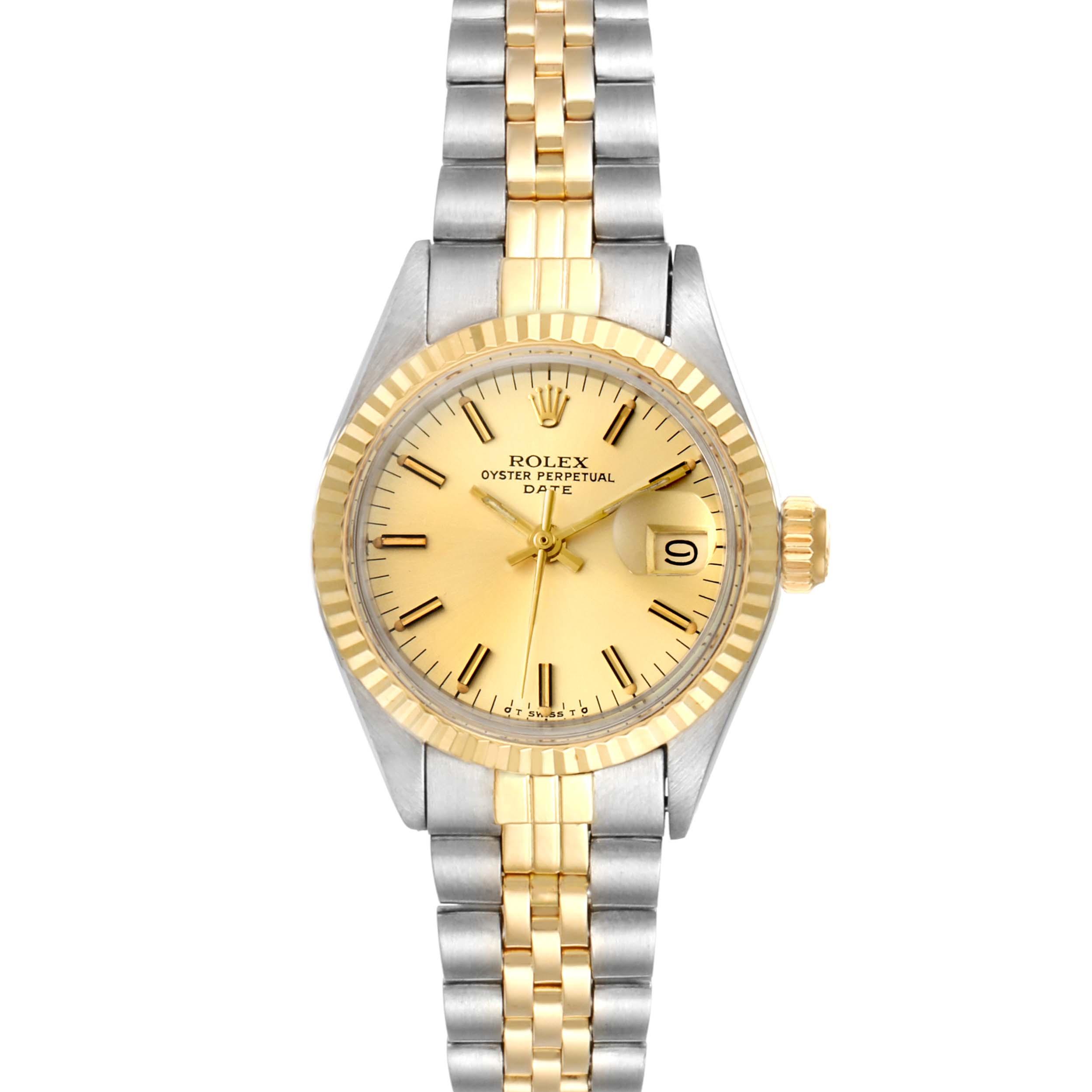 The Rolex Date 6917 Women's Steel and Gold (two tone) Champagne Dial 6917 Women's Steel and Gold (two tone) Champagne Dial model watch features a straight-on view showing the entire face and two-tone bracelet.