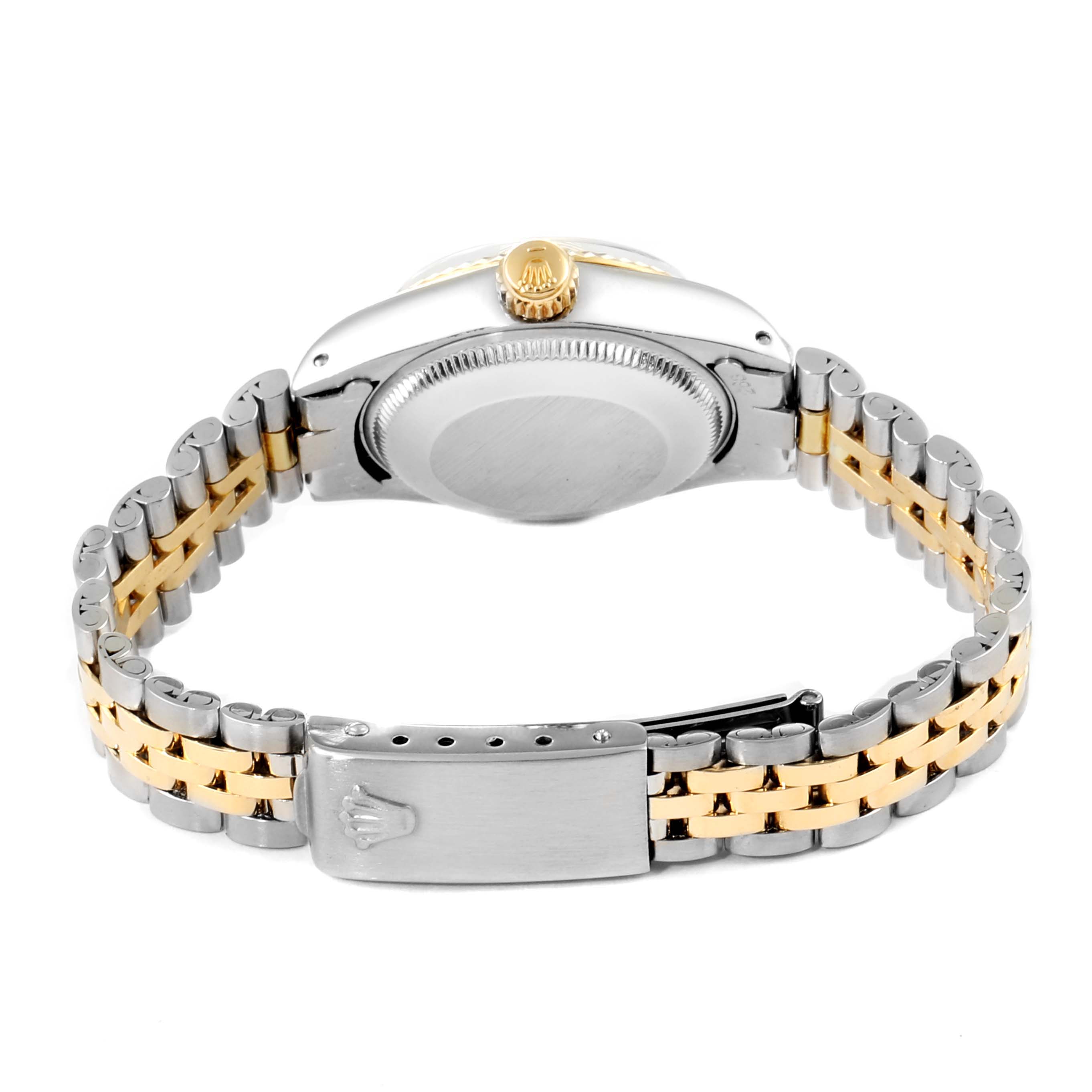 The image shows the back and bracelet of a Rolex Date 6917 Women's Steel and Gold (two tone) Champagne Dial 6917 Women's Steel and Gold (two tone) Champagne Dial model watch, including the crown, caseback, and clasp.