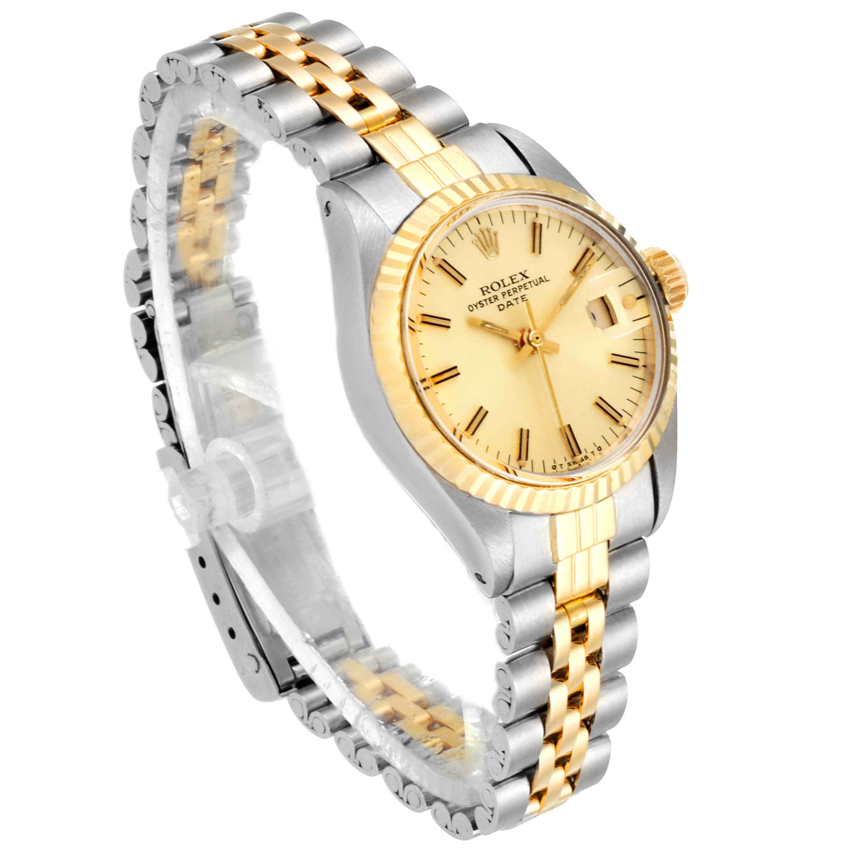 This Rolex Date 6917 Women's Steel and Gold (two tone) Champagne Dial 6917 Women's Steel and Gold (two tone) Champagne Dial model watch is shown at a three-quarter angle, highlighting the dial, bezel, and bracelet.