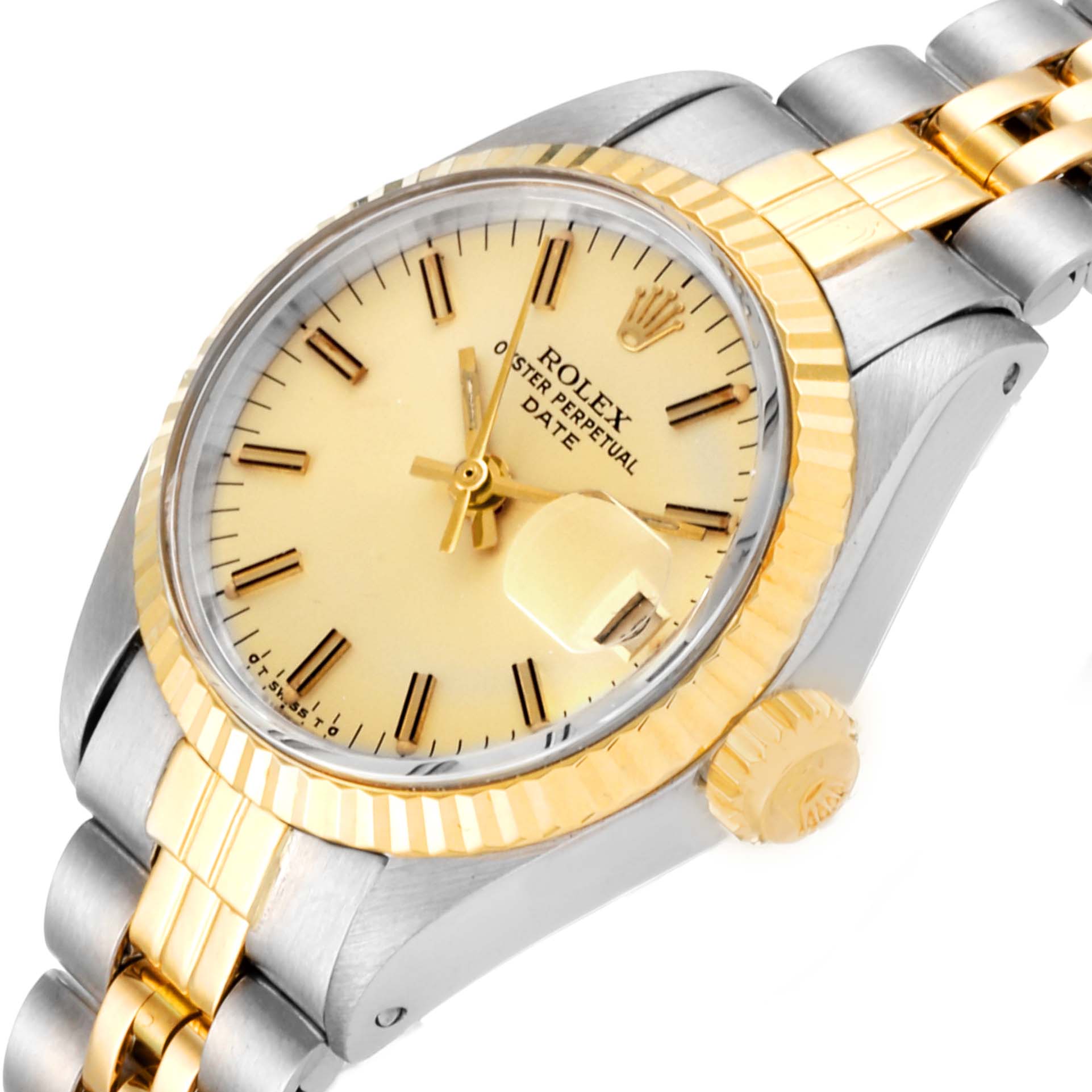 The image depicts a Rolex Date 6917 Women's Steel and Gold (two tone) Champagne Dial 6917 Women's Steel and Gold (two tone) Champagne Dial model watch, showing its face, bezel, crown, and part of the bracelet at an angled view.