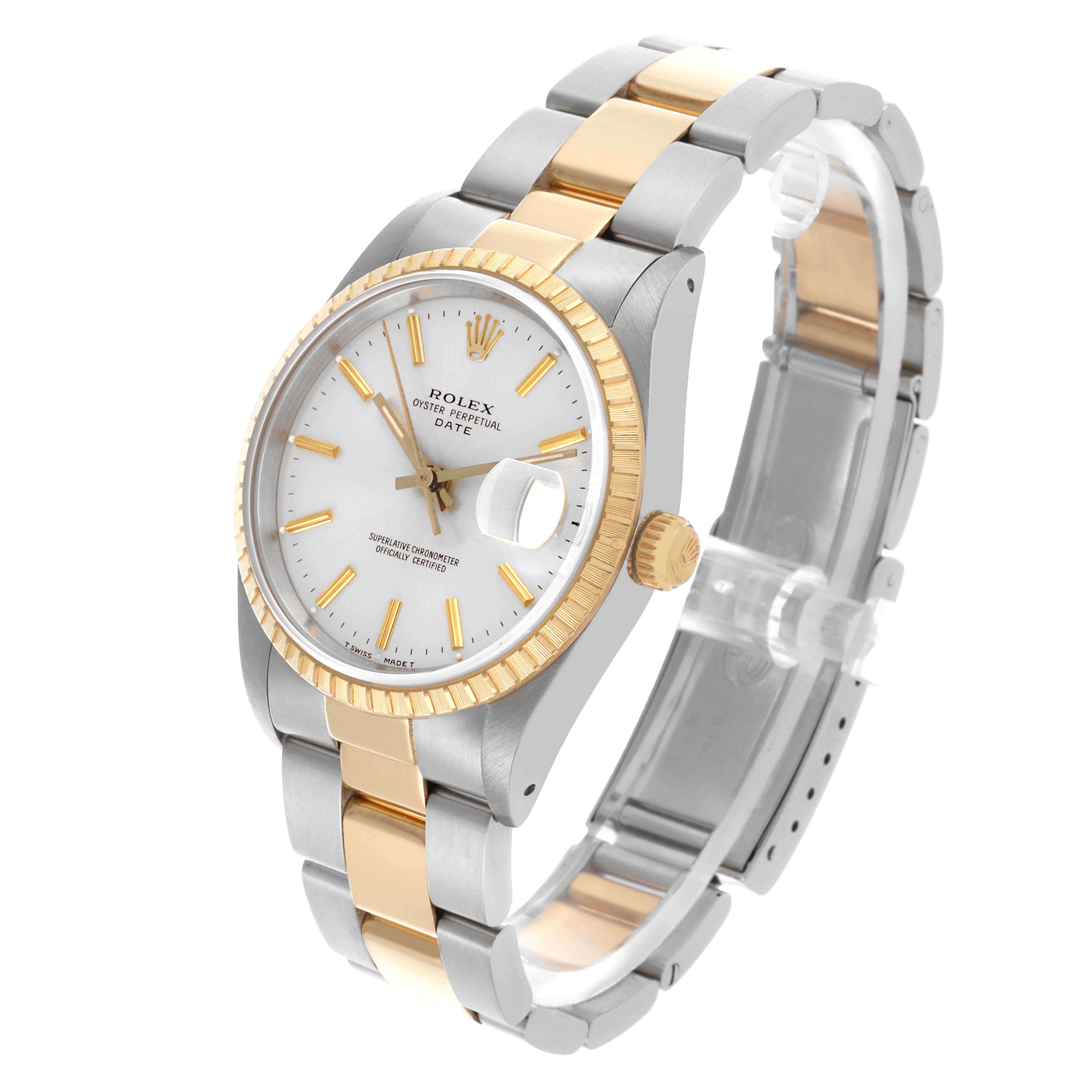 The Rolex Date 15223 Men's Steel and Gold (two tone) Silver Dial 15223 Men's Steel and Gold (two tone) Silver Dial watch is shown from an angled side view, featuring the dial, bracelet, and bezel.