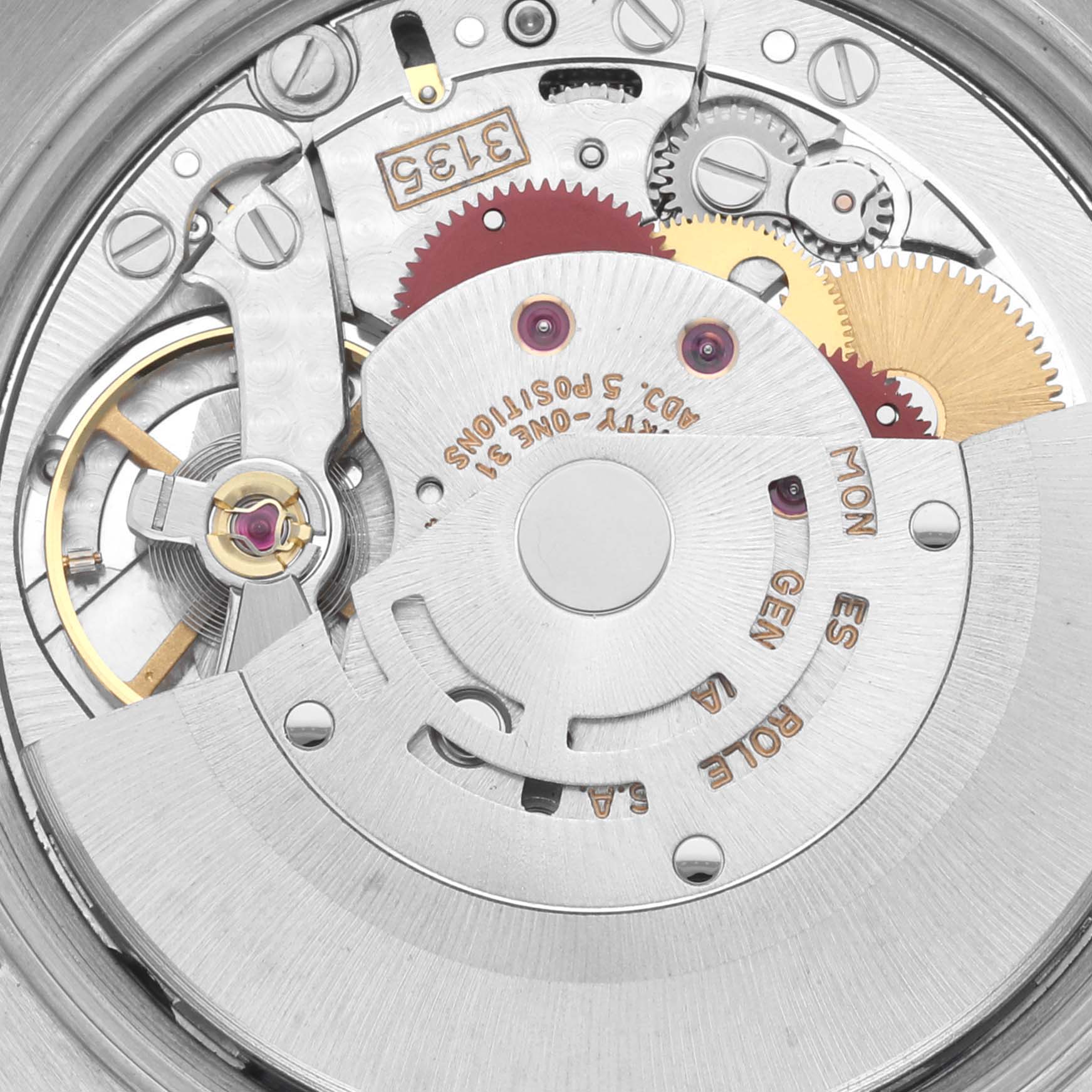 This image shows a close-up of the movement mechanism inside a Rolex Date 15223 Men's Steel and Gold (two tone) Silver Dial 15223 Men's Steel and Gold (two tone) Silver Dial model, highlighting gears and components.