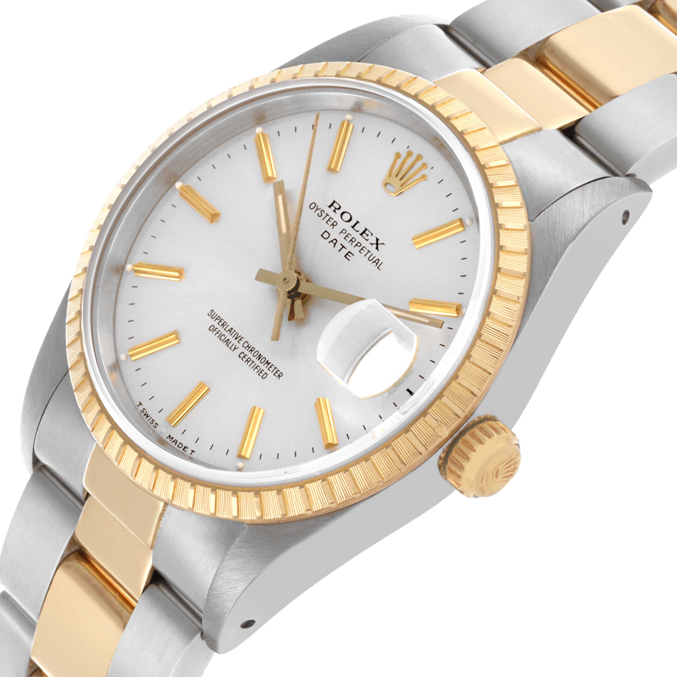 The Rolex Date 15223 Men's Steel and Gold (two tone) Silver Dial 15223 Men's Steel and Gold (two tone) Silver Dial watch is shown at an angled view, highlighting the dial, bezel, crown, and bracelet.