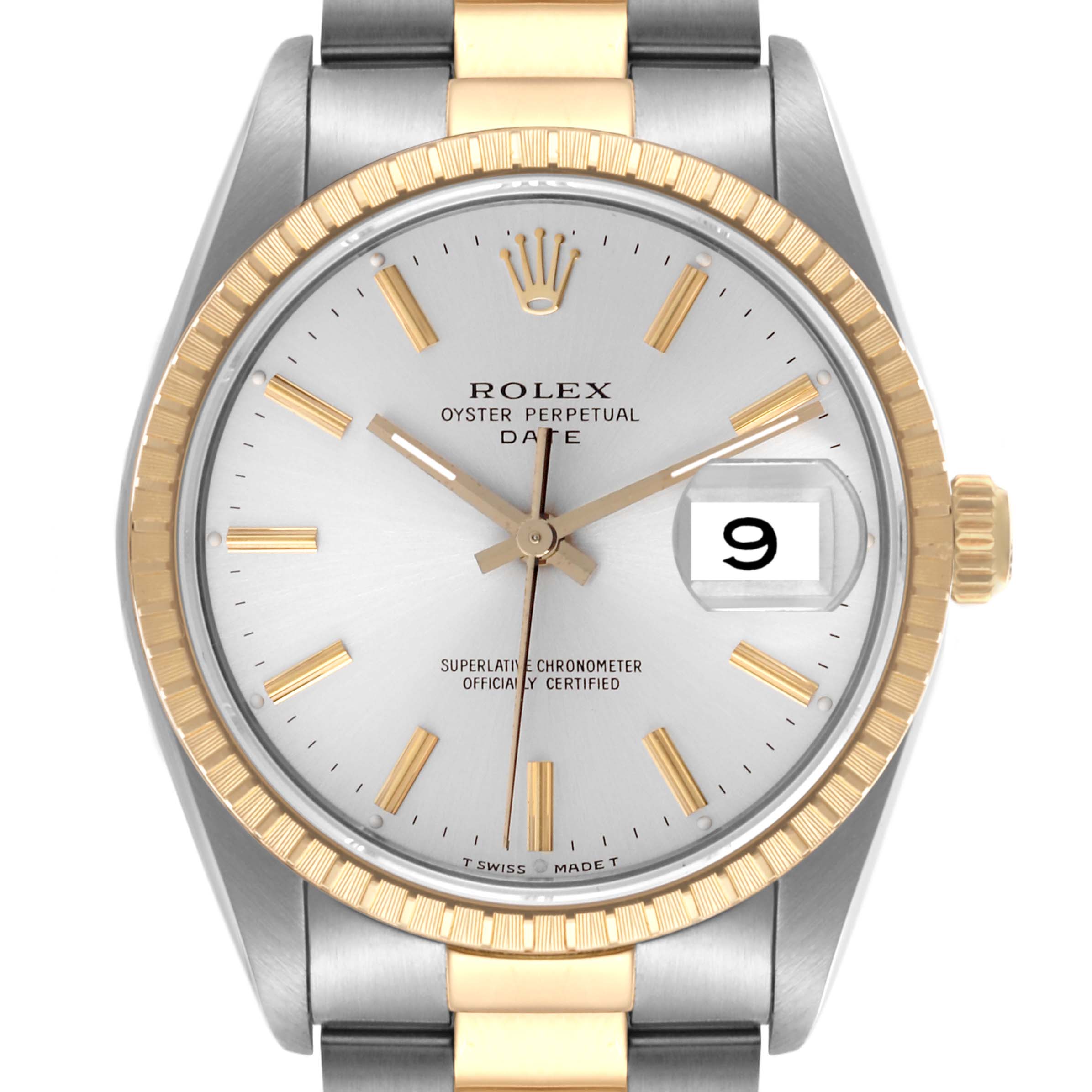 The Rolex Date 15223 Men's Steel and Gold (two tone) Silver Dial 15223 Men's Steel and Gold (two tone) Silver Dial watch is shown from a frontal angle, highlighting the gold bezel, dial, crown, and bracelet details.