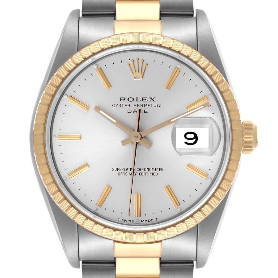 The Rolex Date watch is shown from a frontal angle, highlighting the gold bezel, dial, crown, and bracelet details.