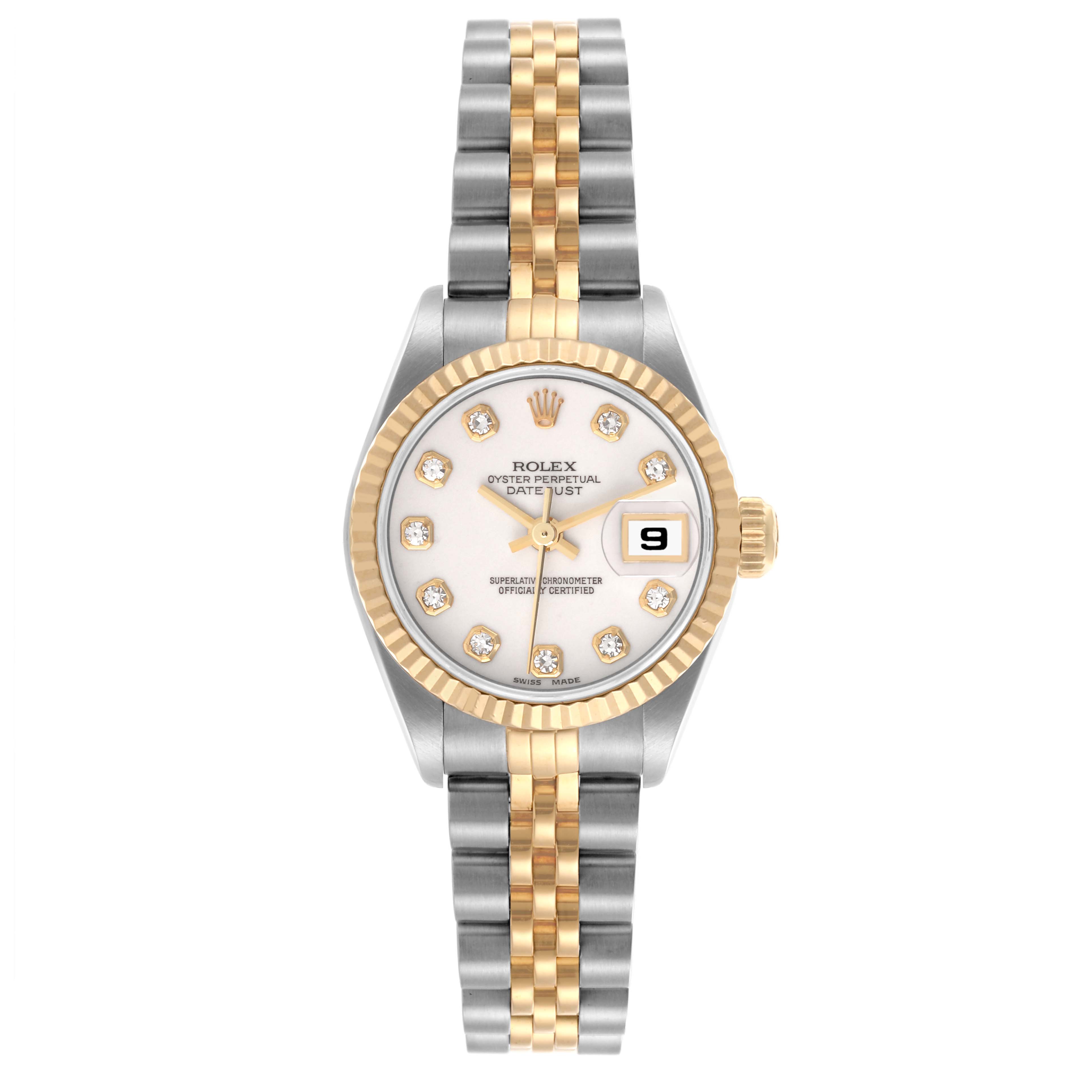 The Rolex Datejust 69173 Women's Steel and Gold (two tone) White Dial 69173 Women's Steel and Gold (two tone) White Dial watch is shown from a top-down angle, highlighting the face, bezel, and two-tone bracelet.