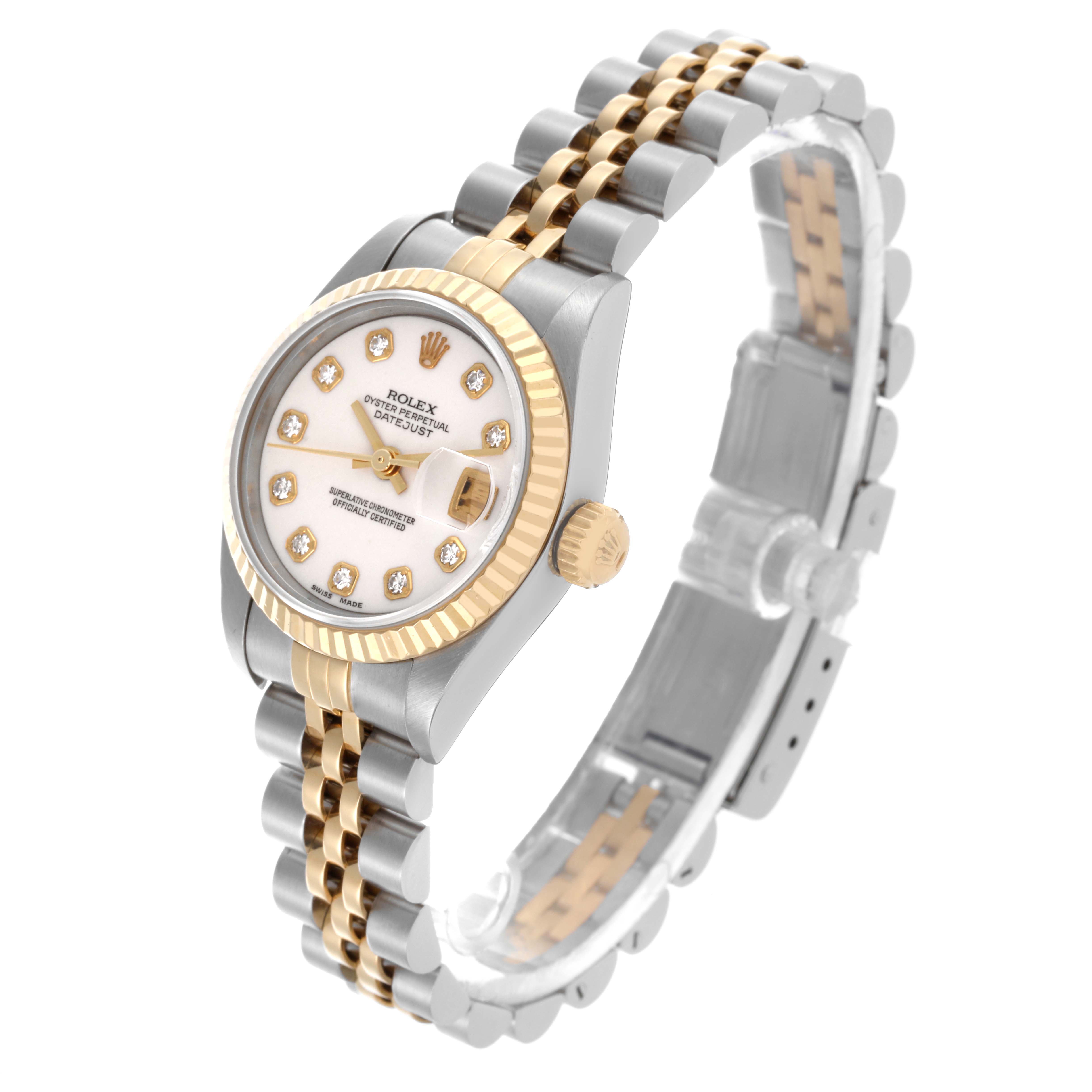 The Rolex Datejust 69173 Women's Steel and Gold (two tone) White Dial 69173 Women's Steel and Gold (two tone) White Dial watch is shown at a three-quarter angle, displaying the face, bezel, crown, and two-tone bracelet.