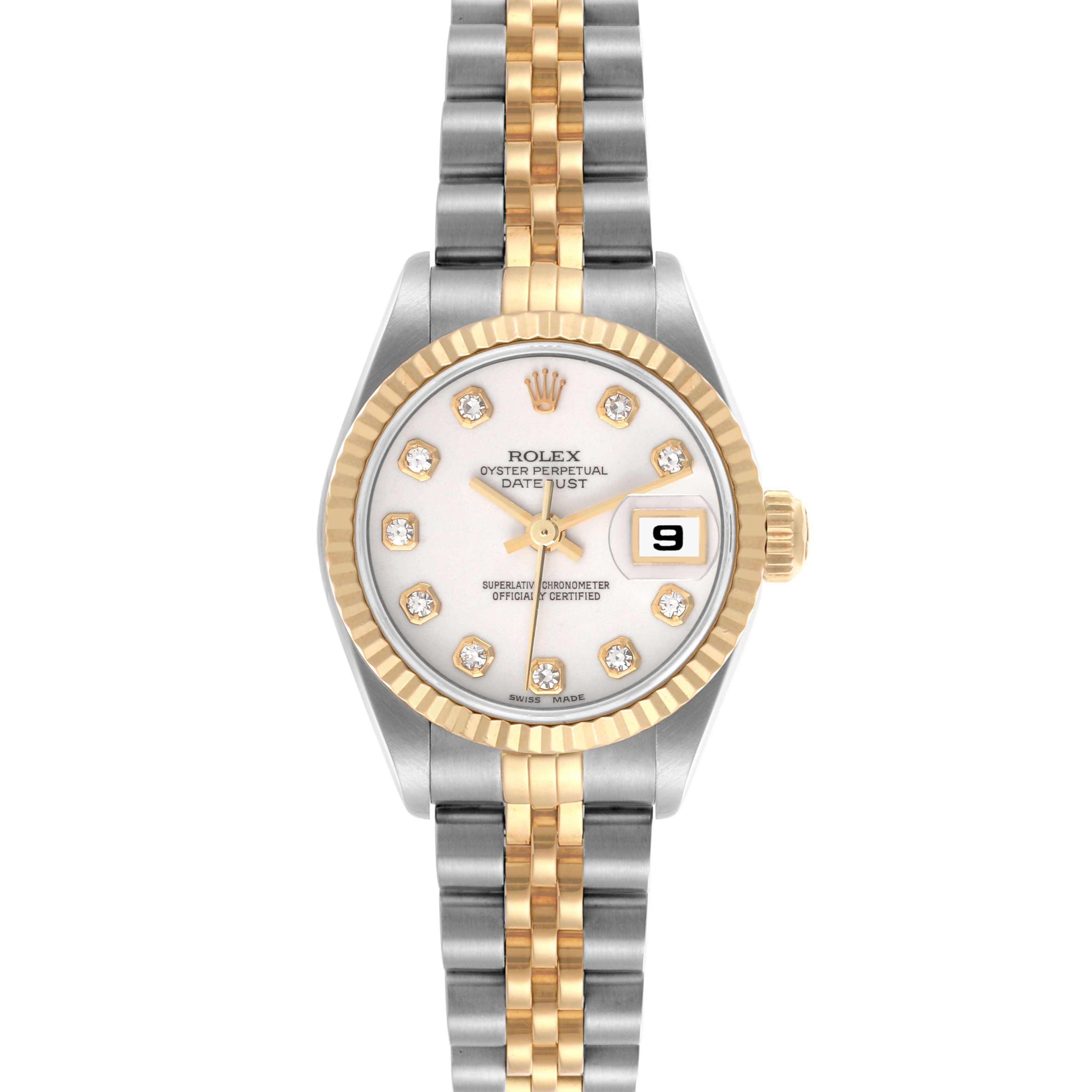 The Rolex Datejust 69173 Women's Steel and Gold (two tone) White Dial 69173 Women's Steel and Gold (two tone) White Dial watch is shown from a front angle, displaying the face, bezel, dial, and part of the bracelet.
