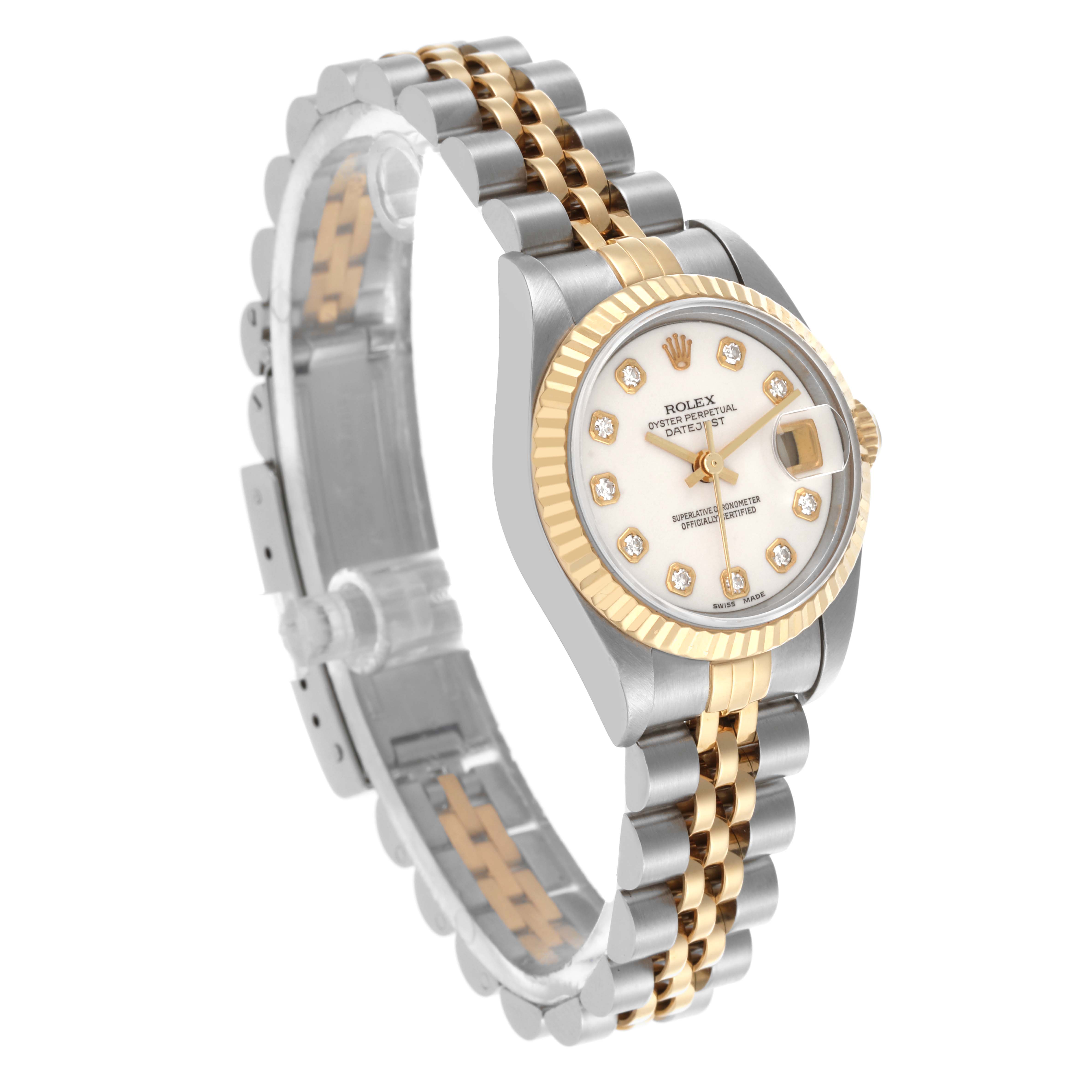 The Rolex Datejust 69173 Women's Steel and Gold (two tone) White Dial 69173 Women's Steel and Gold (two tone) White Dial watch is shown at a three-quarter angle, featuring the dial, bezel, and two-tone bracelet.