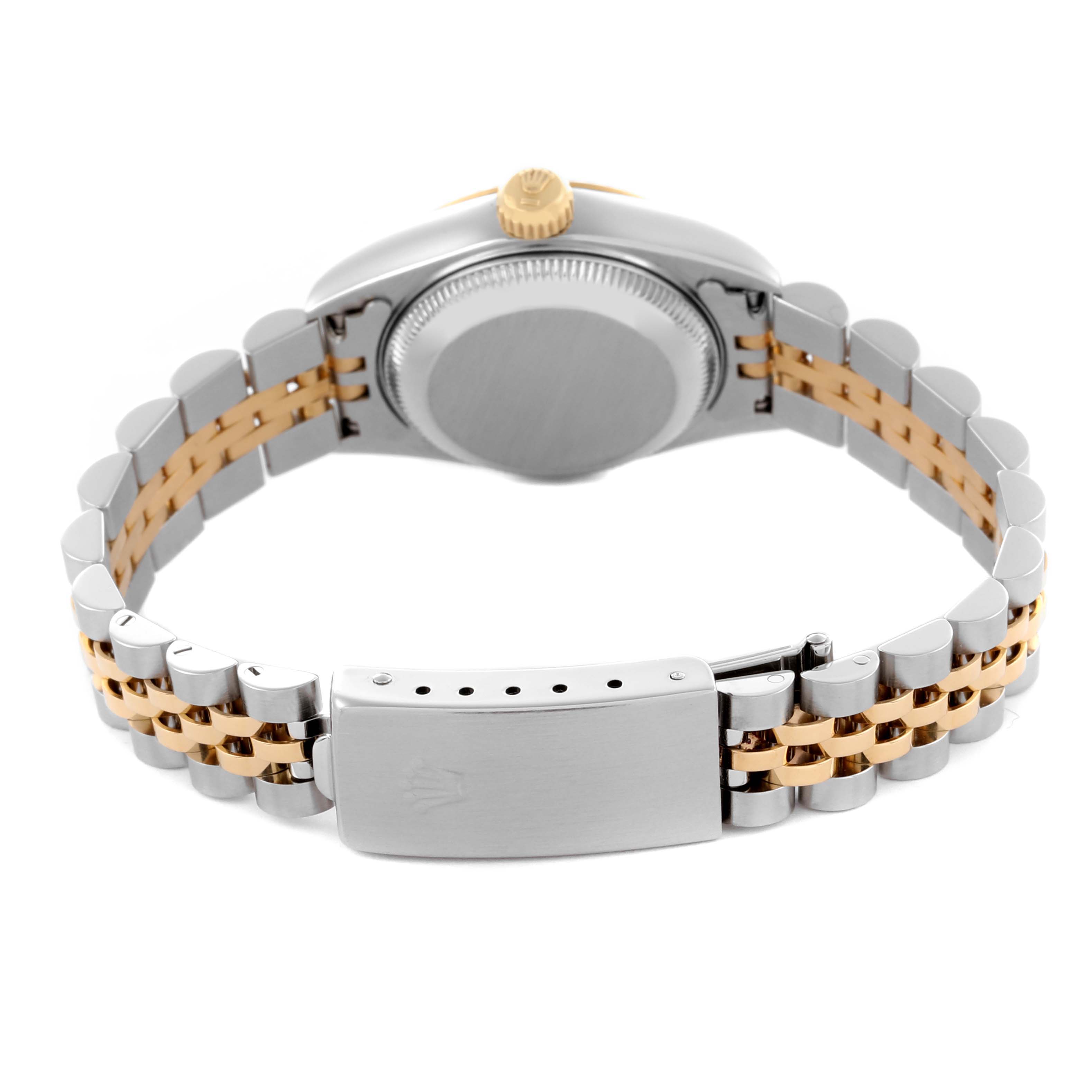The Rolex Datejust 69173 Women's Steel and Gold (two tone) White Dial 69173 Women's Steel and Gold (two tone) White Dial is shown from the back, highlighting the clasp, bracelet, and case back.