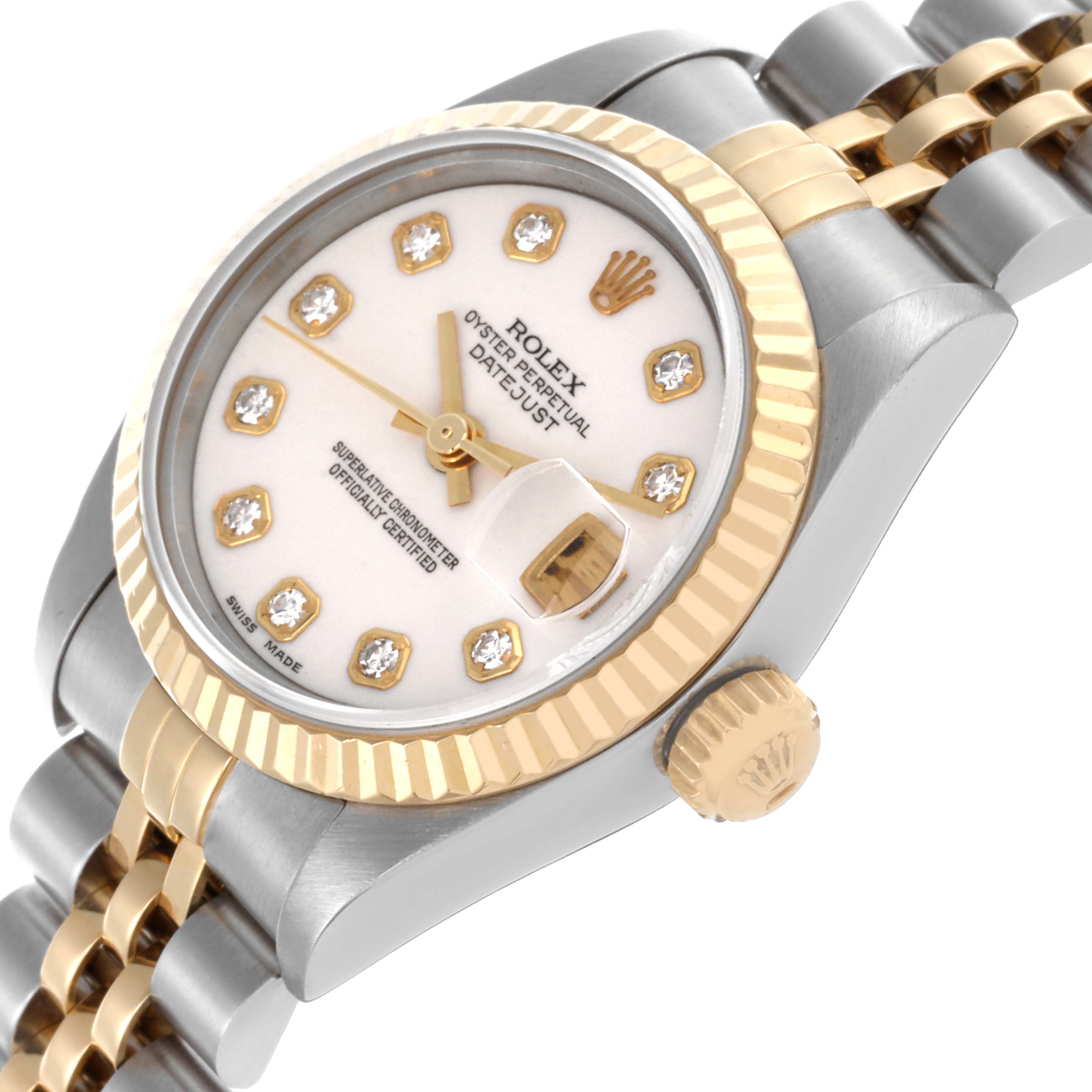 The Rolex Datejust 69173 Women's Steel and Gold (two tone) White Dial 69173 Women's Steel and Gold (two tone) White Dial watch is shown at a tilted angle, displaying the face, bezel, crown, and part of the bracelet.
