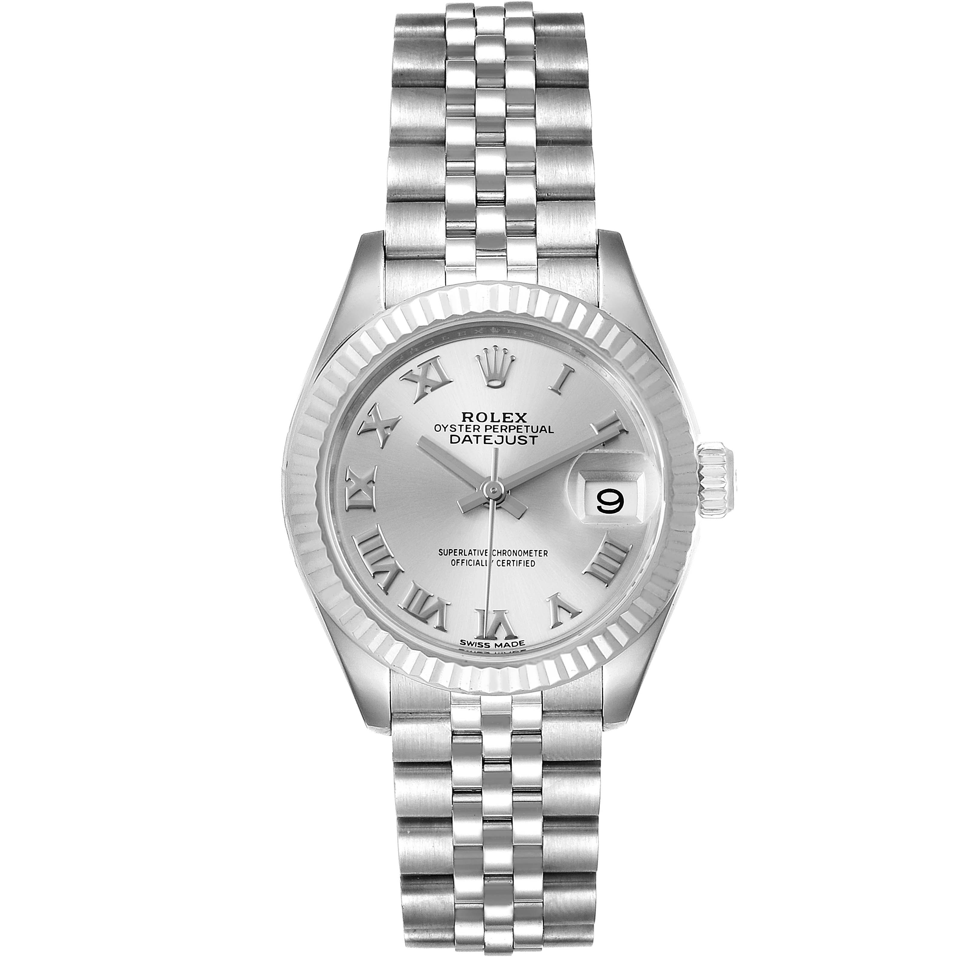 This Rolex Datejust 279174 Women's Stainless Steel Silver Dial 279174 Women's Stainless Steel Silver Dial watch is shown from a front angle, displaying the dial, bezel, bracelet, and crown.