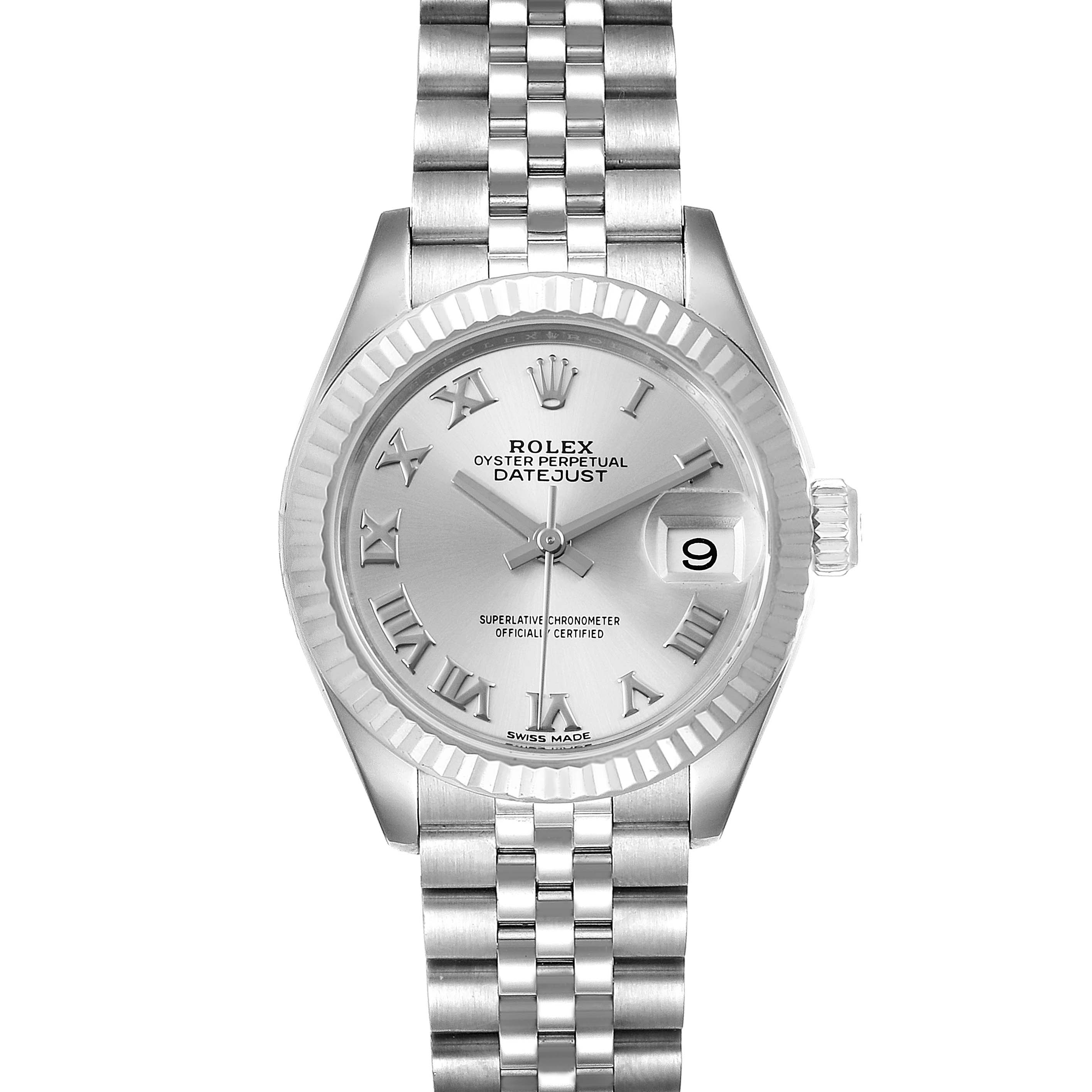 The image shows a front view of the Rolex Datejust 279174 Women's Stainless Steel Silver Dial 279174 Women's Stainless Steel Silver Dial watch, displaying the dial, hands, date window, and bracelet.