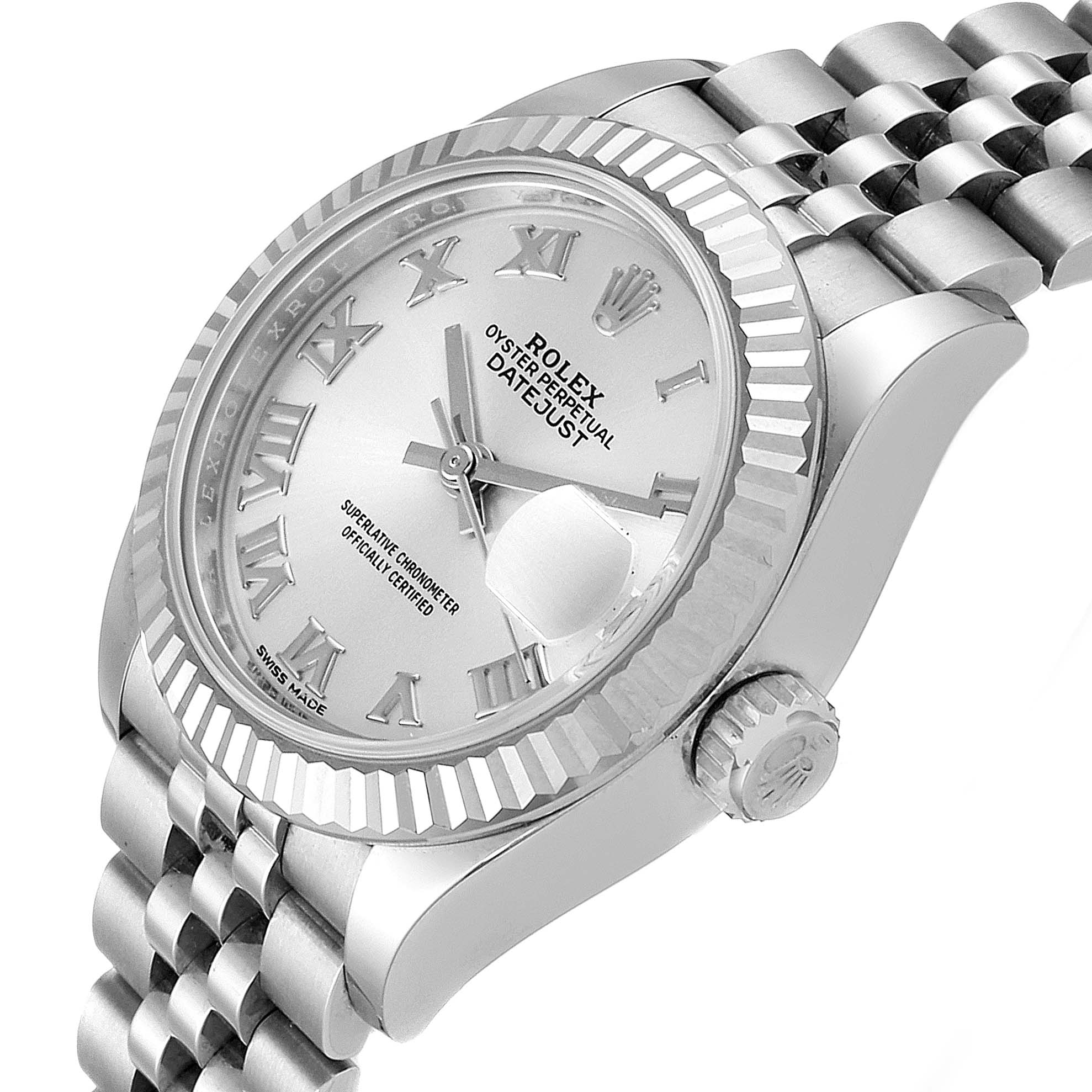 The image shows a Rolex Datejust 279174 Women's Stainless Steel Silver Dial 279174 Women's Stainless Steel Silver Dial watch from an angled side view, highlighting the dial, bezel, and part of the bracelet.