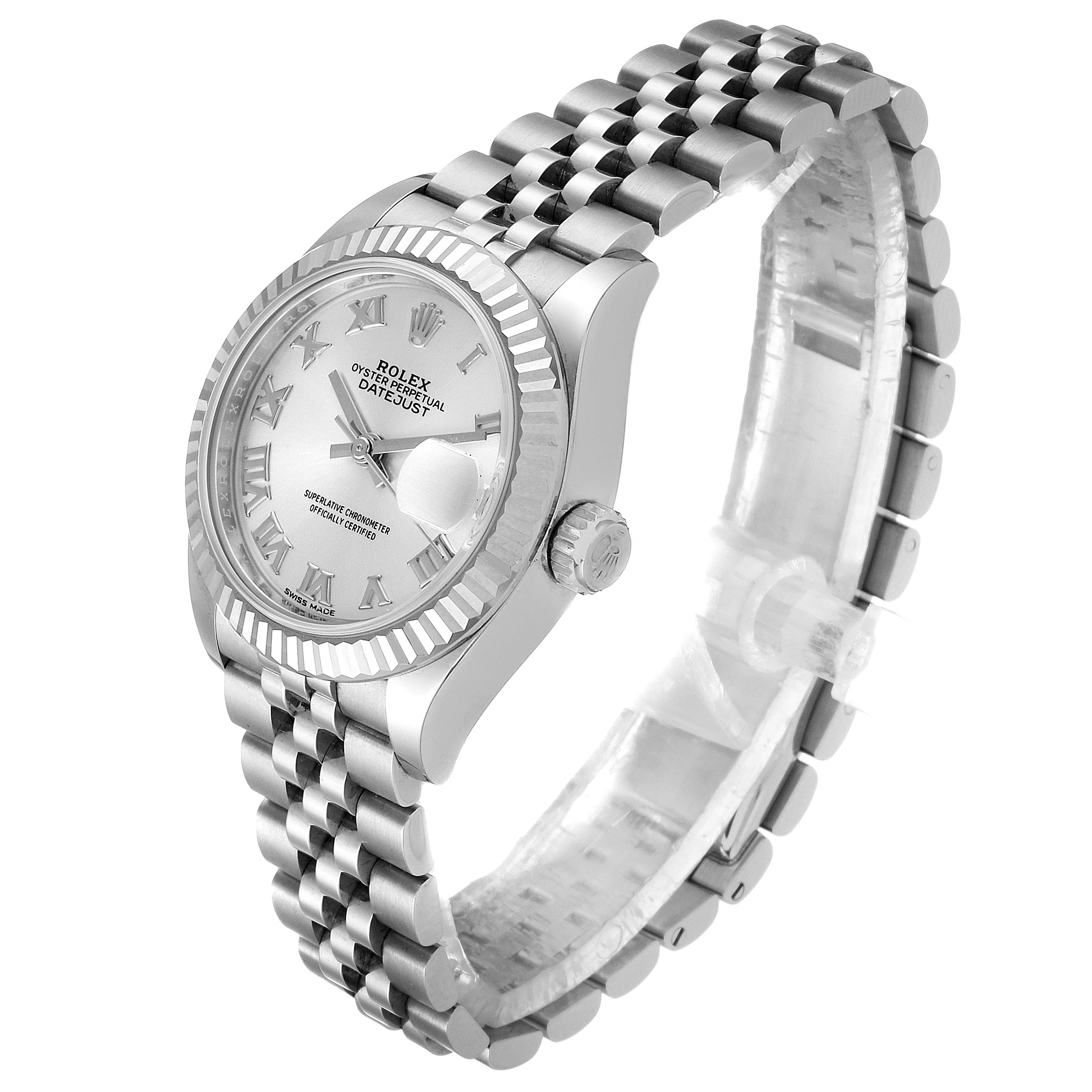 The image shows a side angled view of a Rolex Datejust 279174 Women's Stainless Steel Silver Dial 279174 Women's Stainless Steel Silver Dial watch, highlighting its dial, crown, bezel, and bracelet.