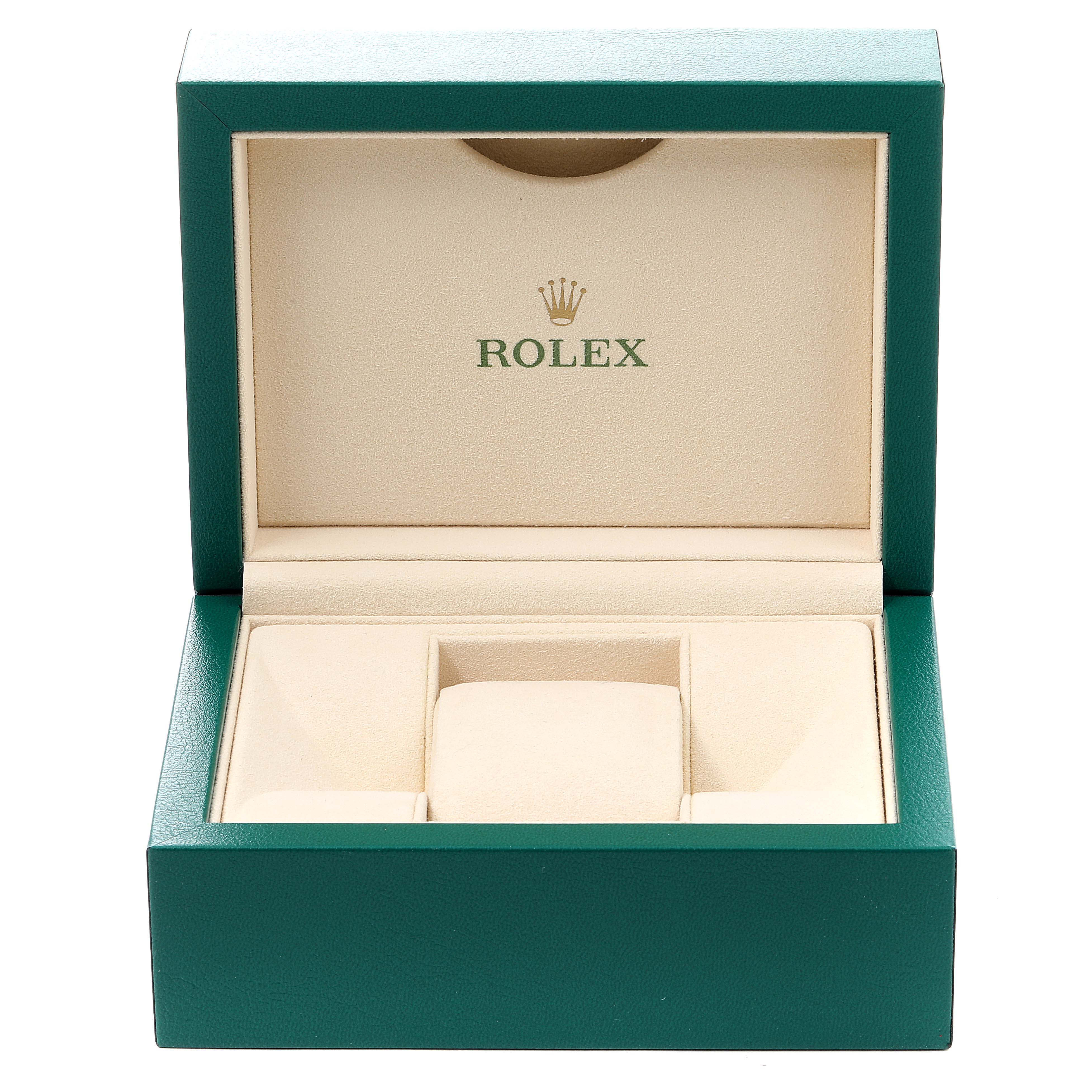 This image shows an open green Rolex watch box for the Datejust model, viewed from the front.
