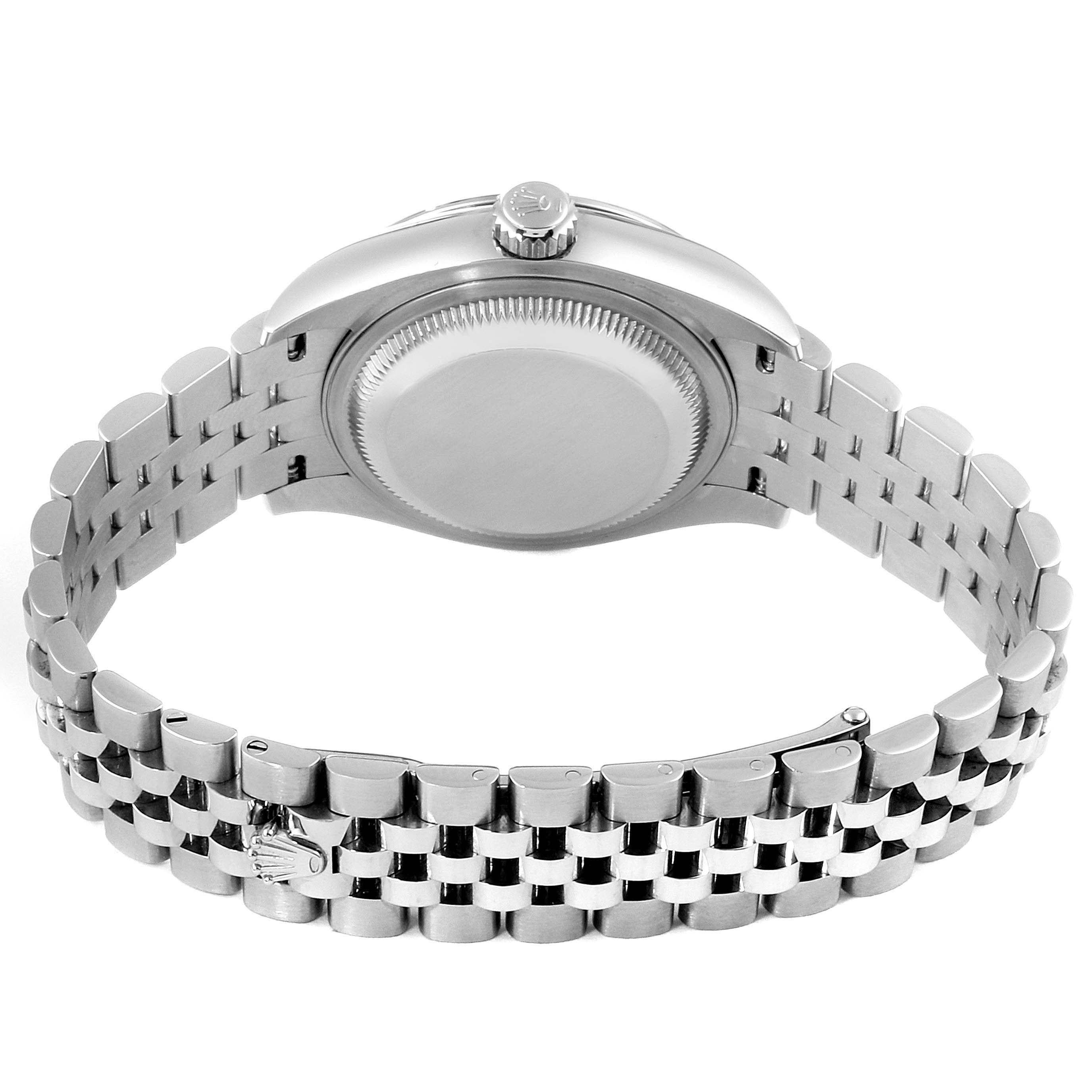 This image shows the back view of a Rolex Datejust 279174 Women's Stainless Steel Silver Dial 279174 Women's Stainless Steel Silver Dial watch, highlighting the case back and the bracelet.