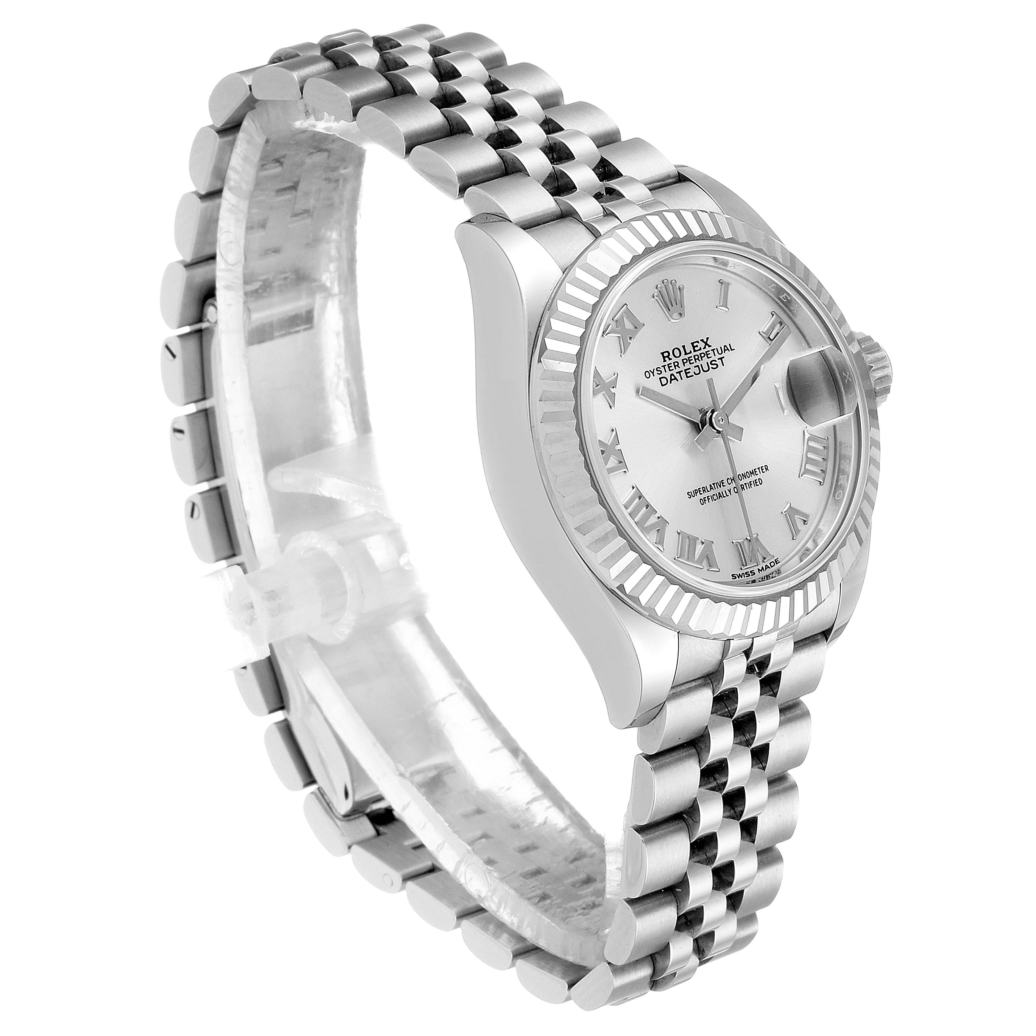 The image shows a side angle view of a Rolex Datejust 279174 Women's Stainless Steel Silver Dial 279174 Women's Stainless Steel Silver Dial watch, highlighting the dial, fluted bezel, and jubilee bracelet.