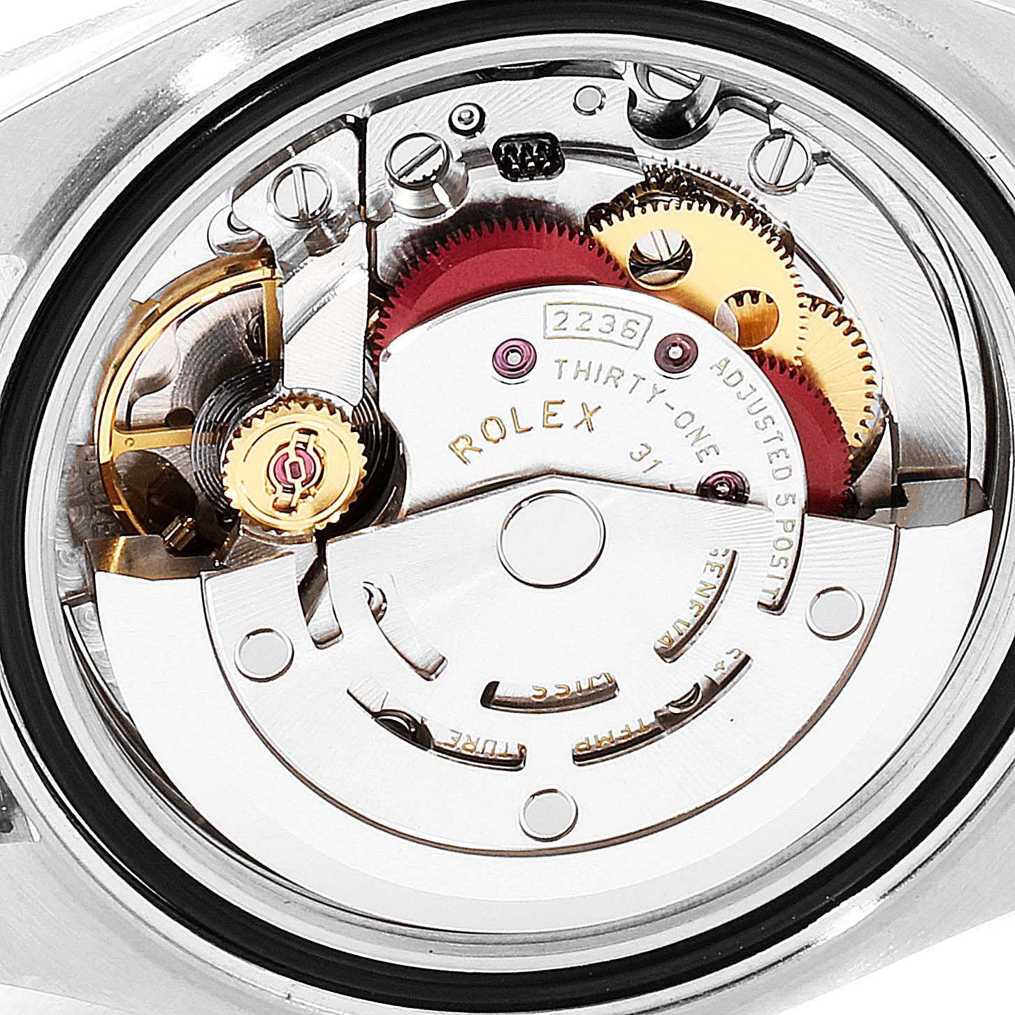 This image shows the inner mechanical movement of a Rolex Datejust 279174 Women's Stainless Steel Silver Dial 279174 Women's Stainless Steel Silver Dial watch from a back view angle.