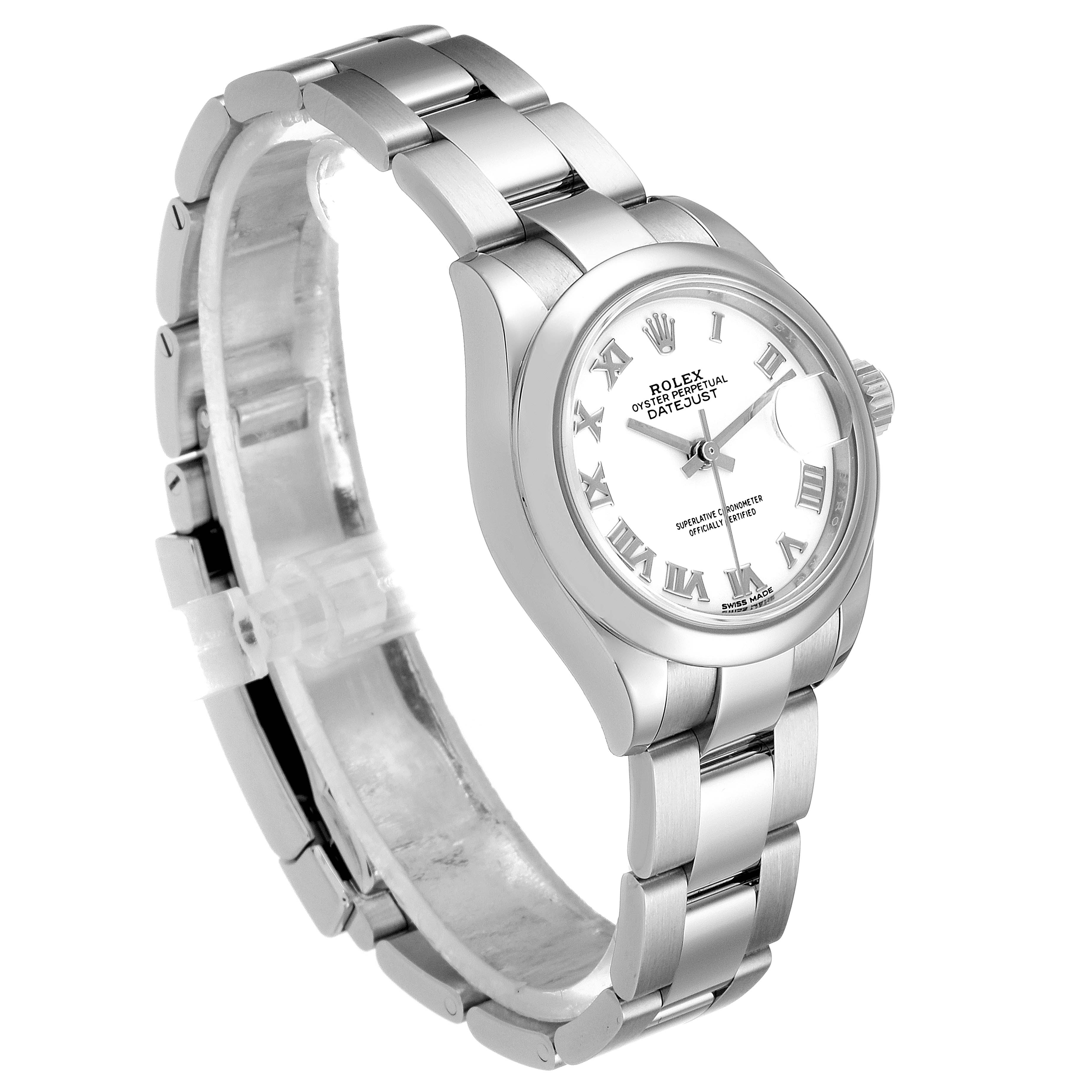 The Rolex Datejust 279160 Women's Stainless Steel White Dial 279160 Women's Stainless Steel White Dial watch is shown at a three-quarter angle, highlighting the bracelet, dial, and crown.