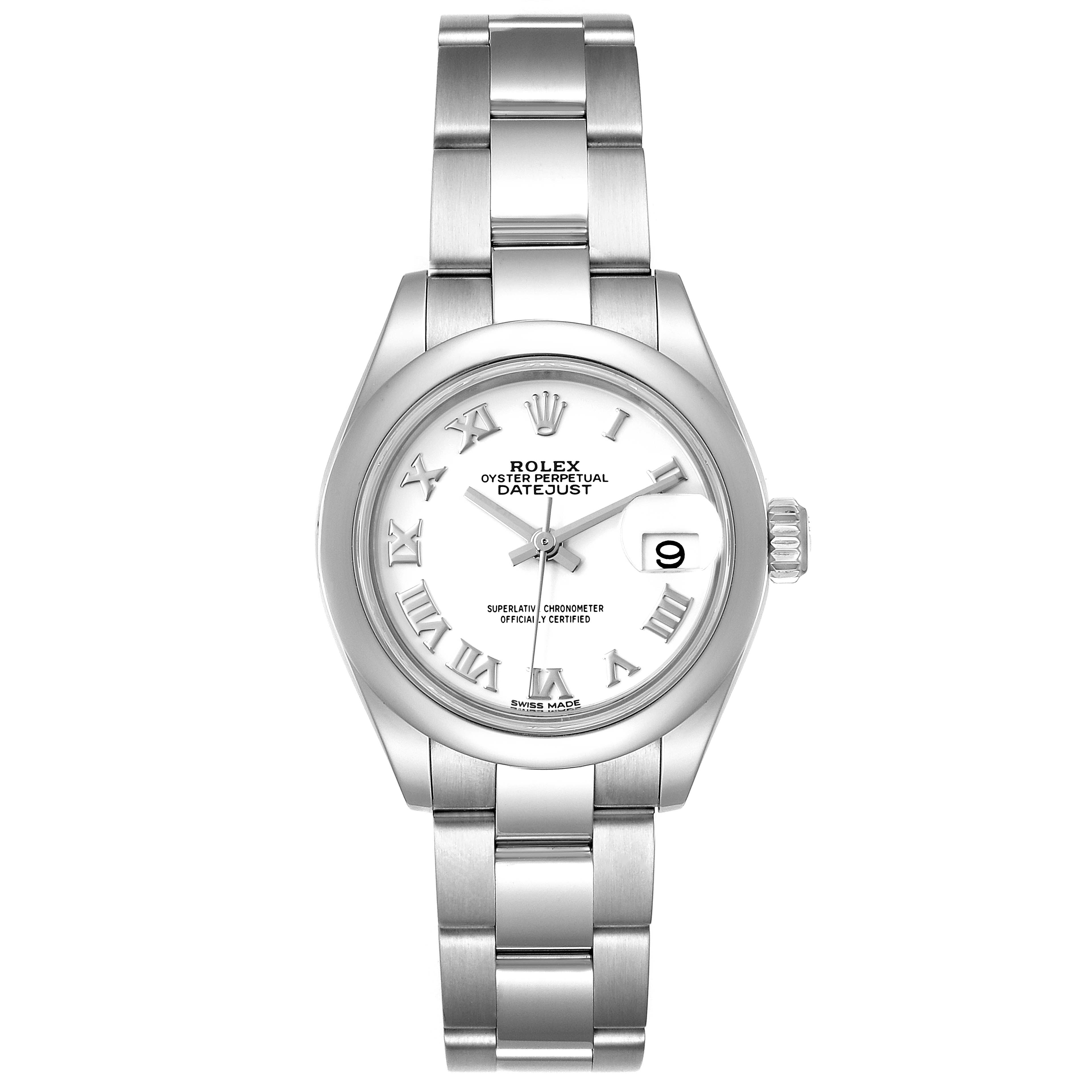 This is a front view of a Rolex Datejust 279160 Women's Stainless Steel White Dial 279160 Women's Stainless Steel White Dial showing the dial, bracelet, and date window.