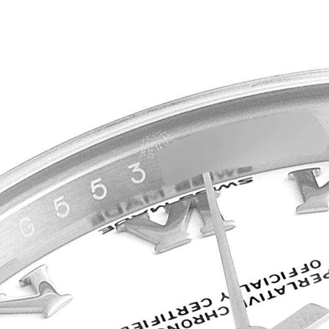 This close-up angle shows the edge of the dial and part of the chapter ring of a Rolex Datejust 279160 Women's Stainless Steel White Dial 279160 Women's Stainless Steel White Dial watch.