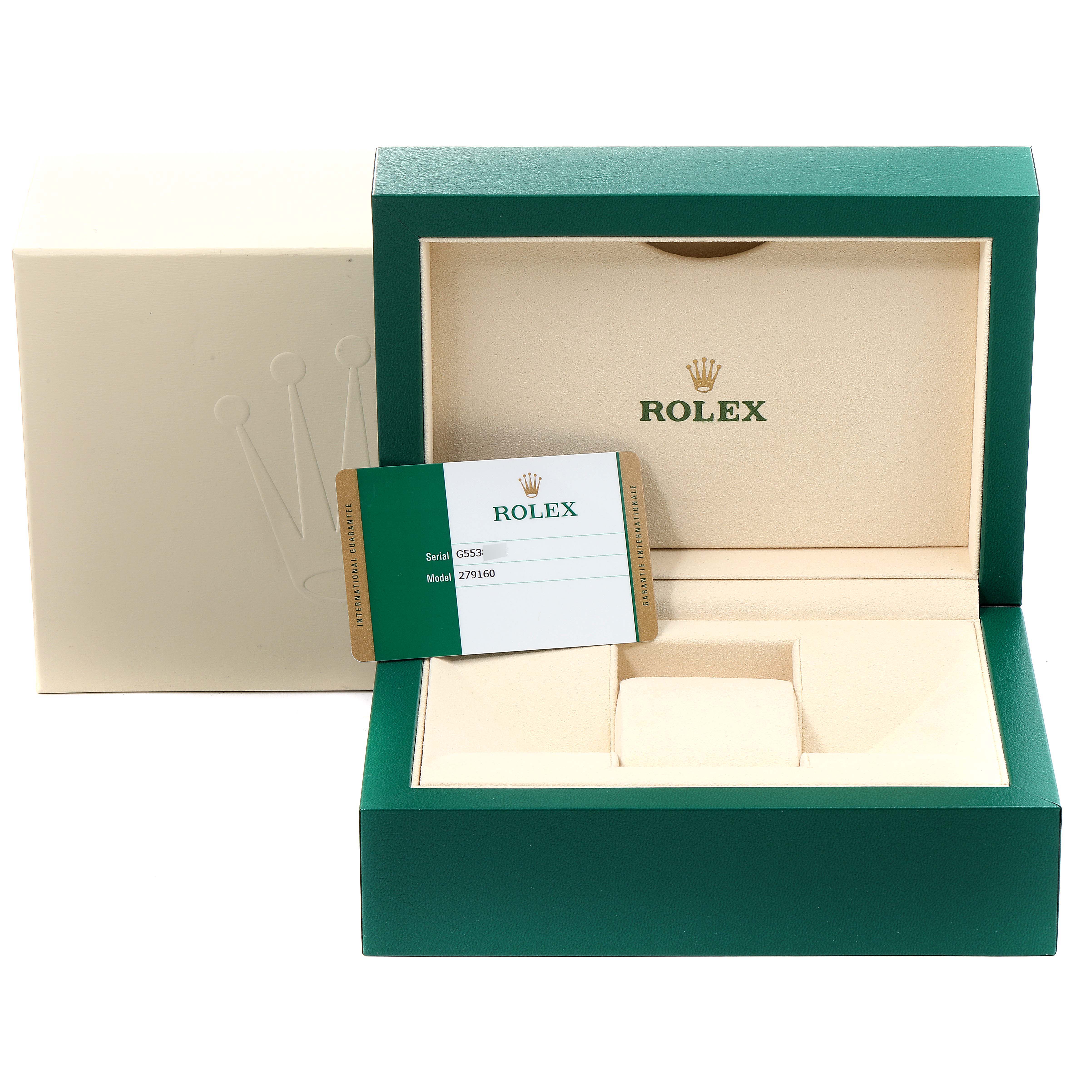 The image shows an open Rolex Datejust 279160 Women's Stainless Steel White Dial 279160 Women's Stainless Steel White Dial watch box and an authenticity card at an eye-level angle.