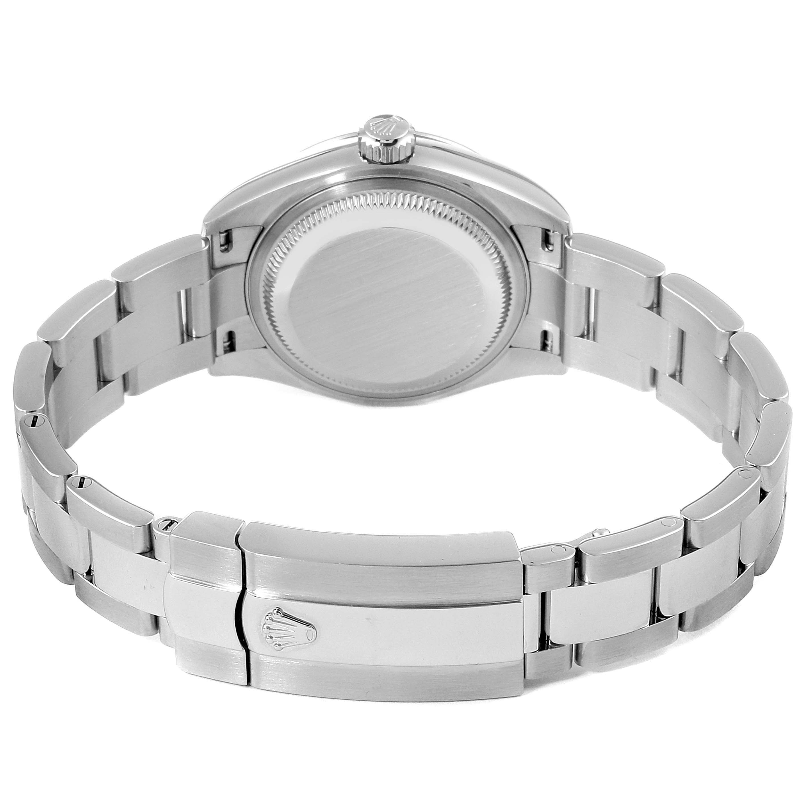 The image shows the back view of a Rolex Datejust 279160 Women's Stainless Steel White Dial 279160 Women's Stainless Steel White Dial watch, highlighting the clasp, bracelet, case back, and crown.